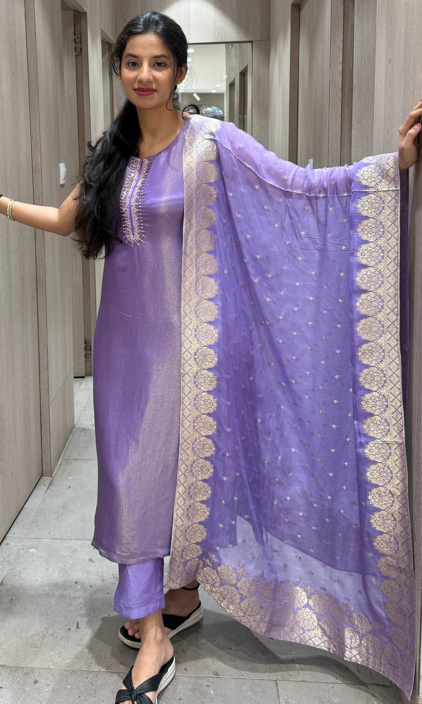 Purple lilac gold shimmer silk kurta set monochrome kurta