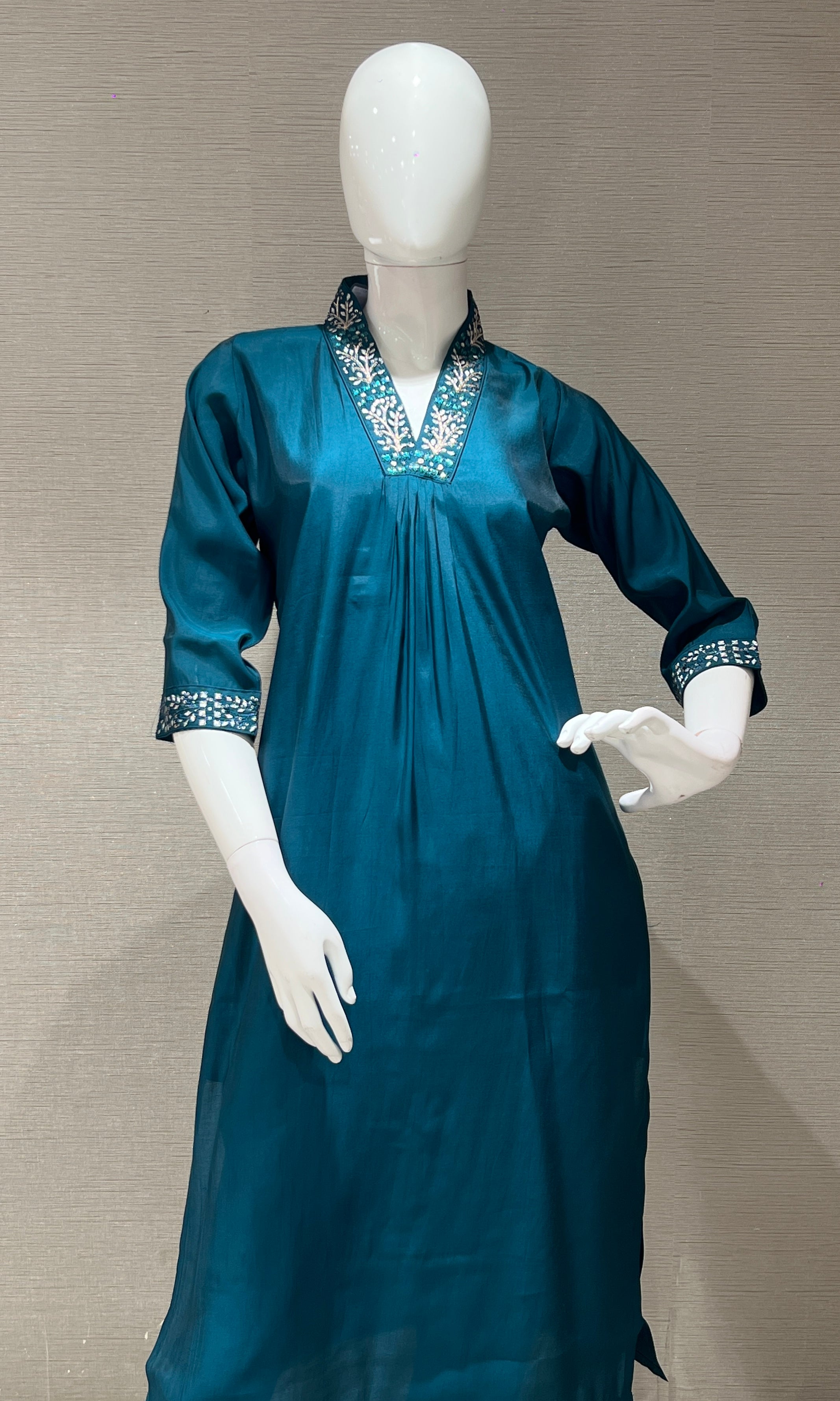 blue kurta set with gold dupatta