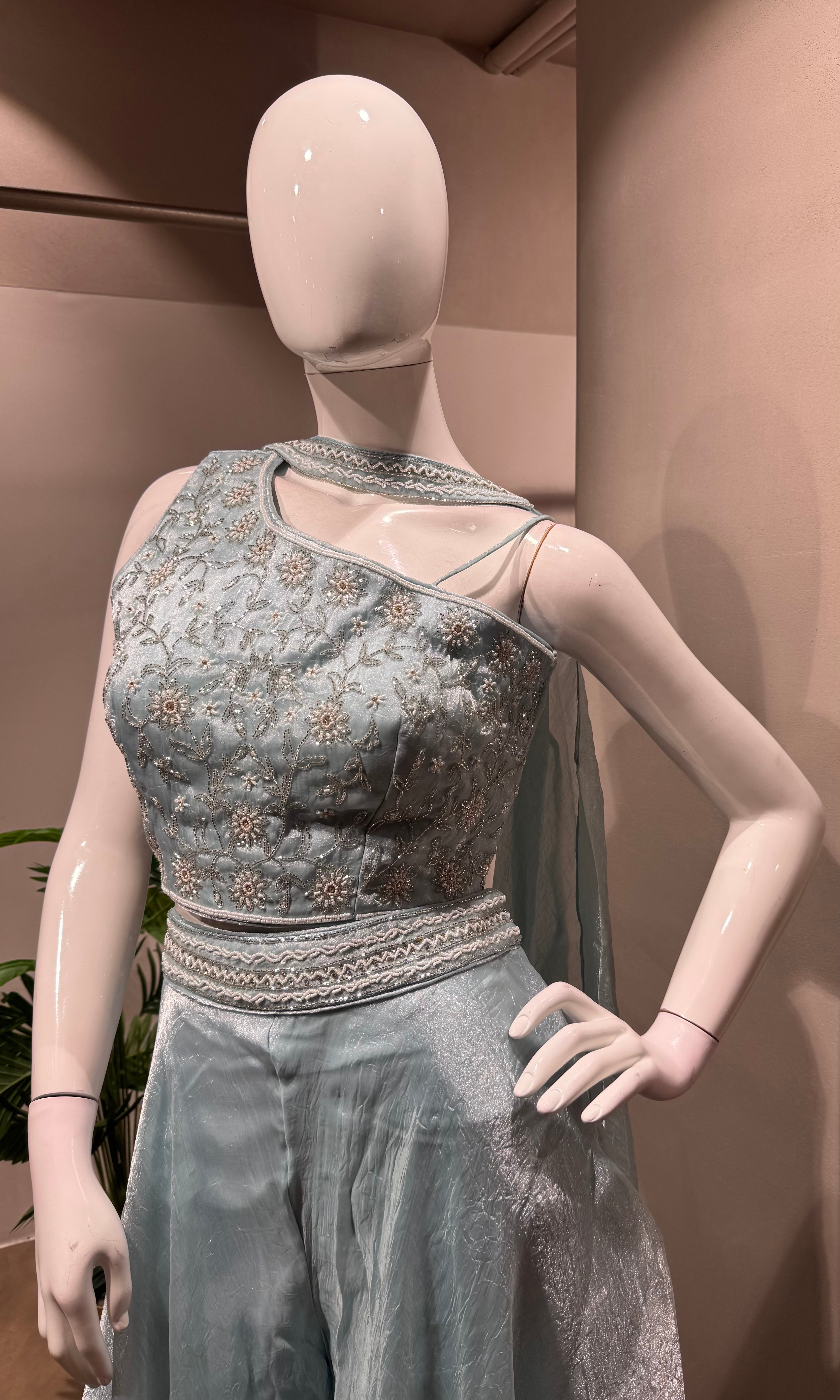 Blue palazo set with embroidered crop top