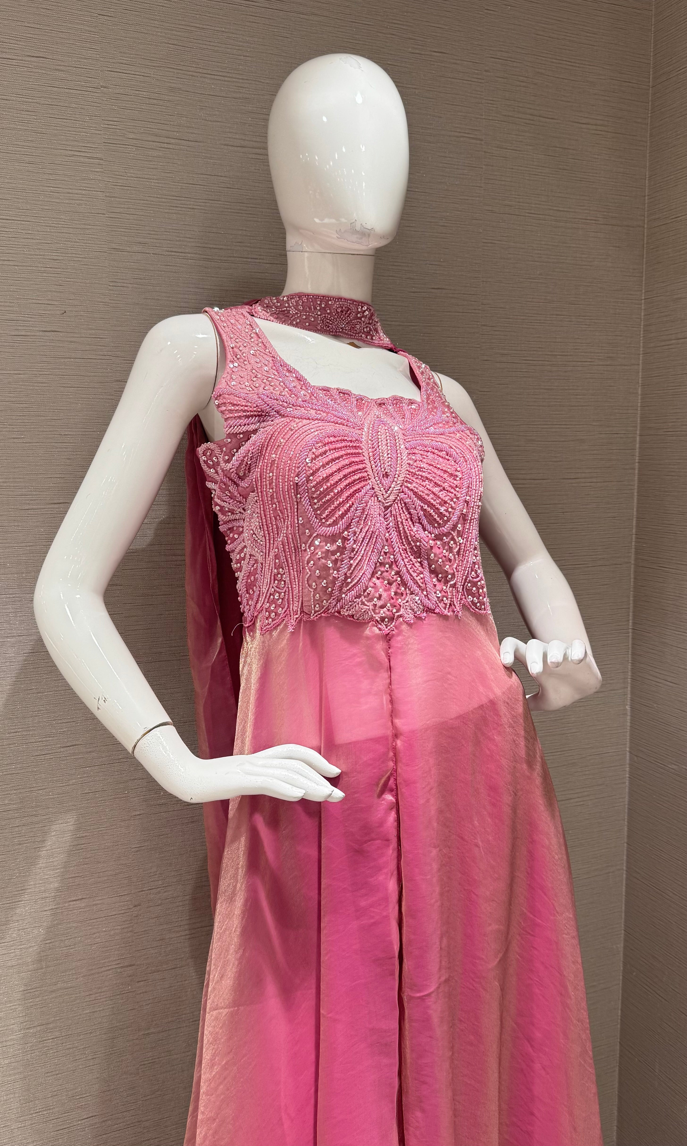 Baby pink Shimmer anarkali with palazzo pants