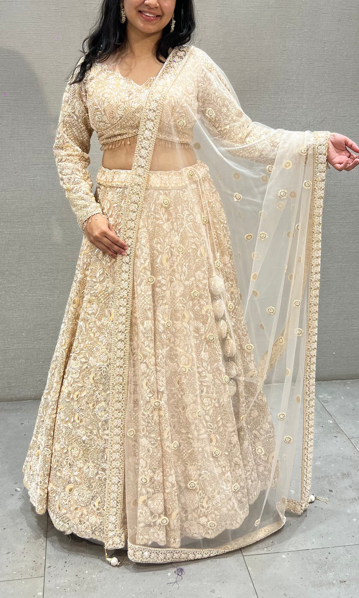 Champagne Cream Embellished Lehenga set with Sheer Dupatta