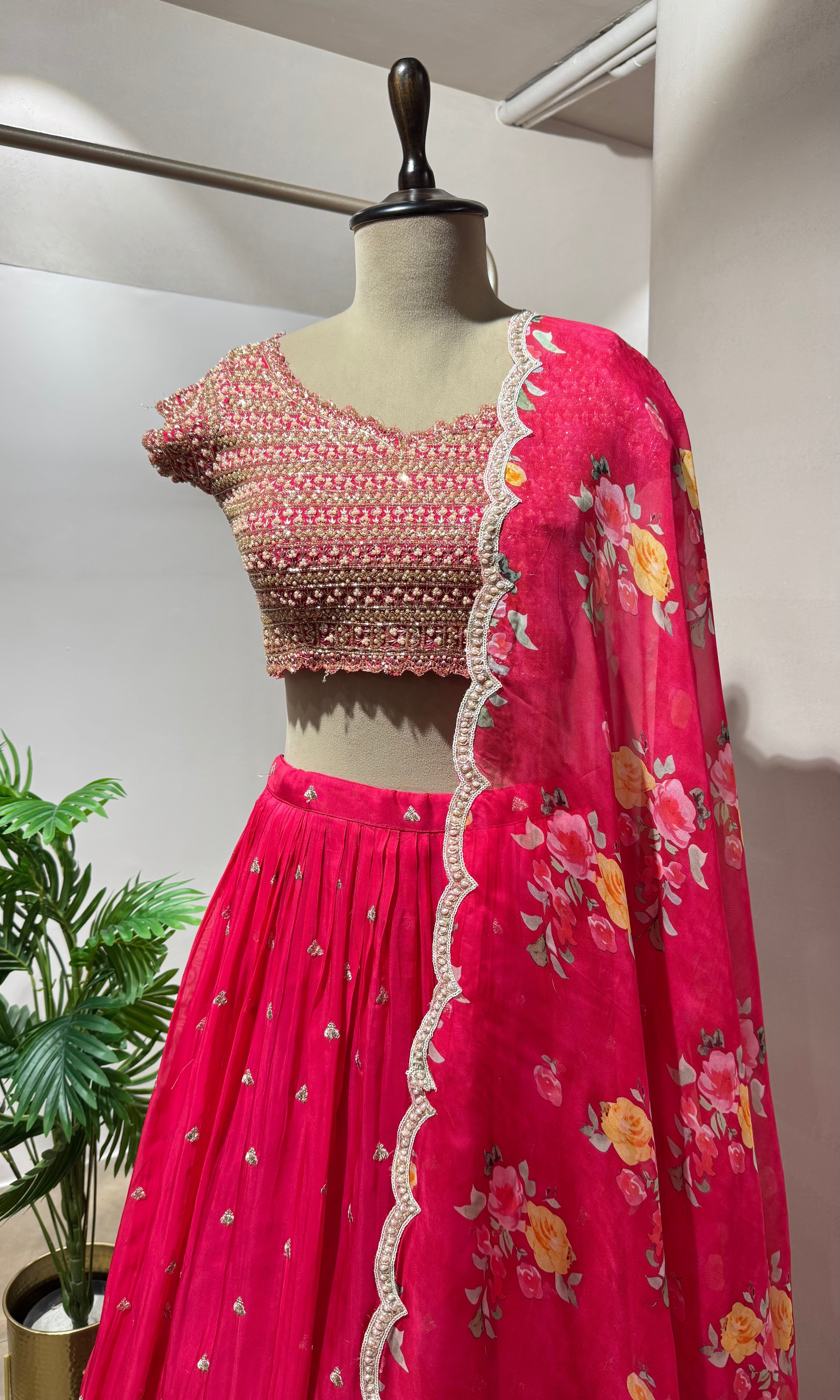 Fuschia Pink Floral Printed Lehenga Choli