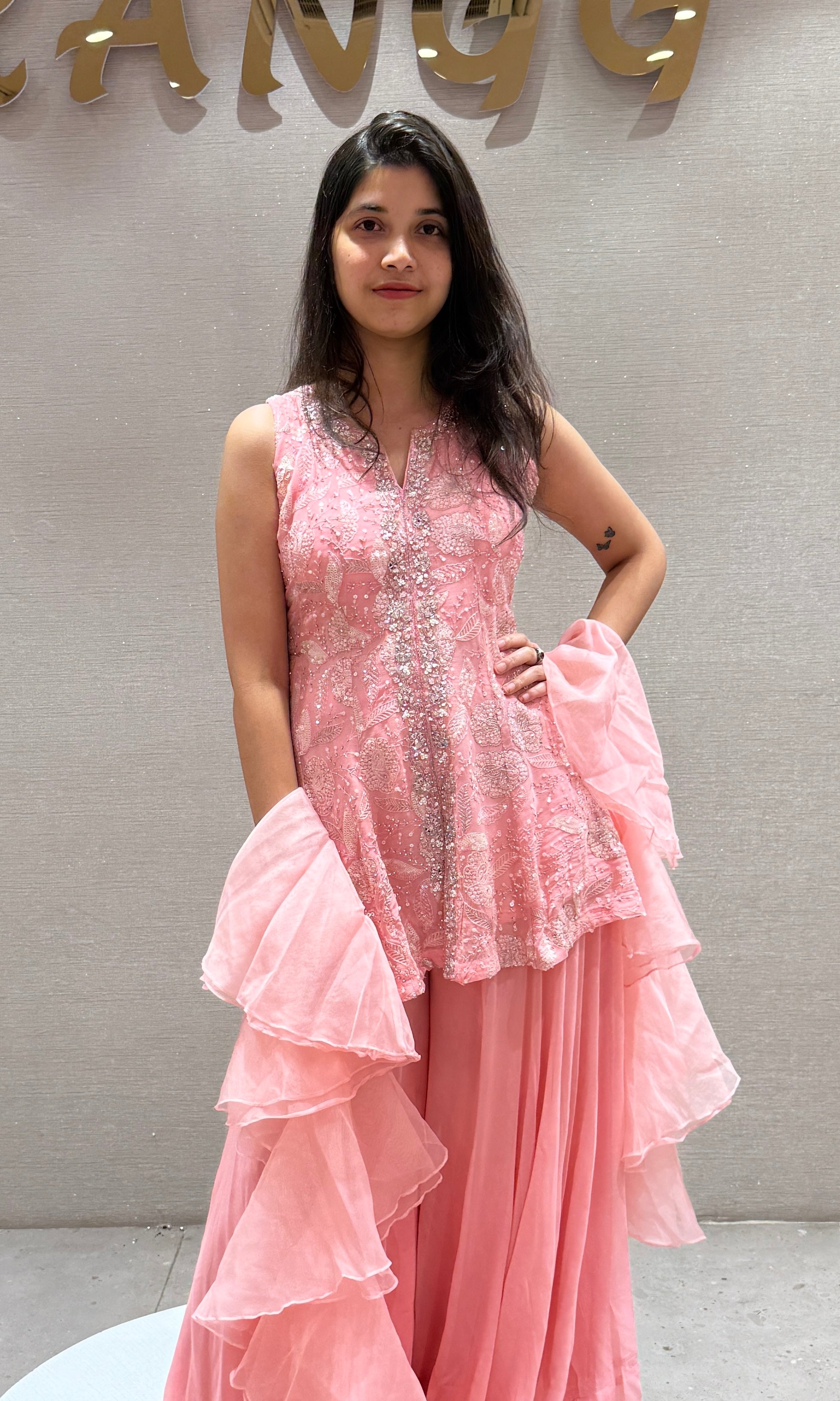 Blush Pink Embroidered Ruffle Palazzo Set