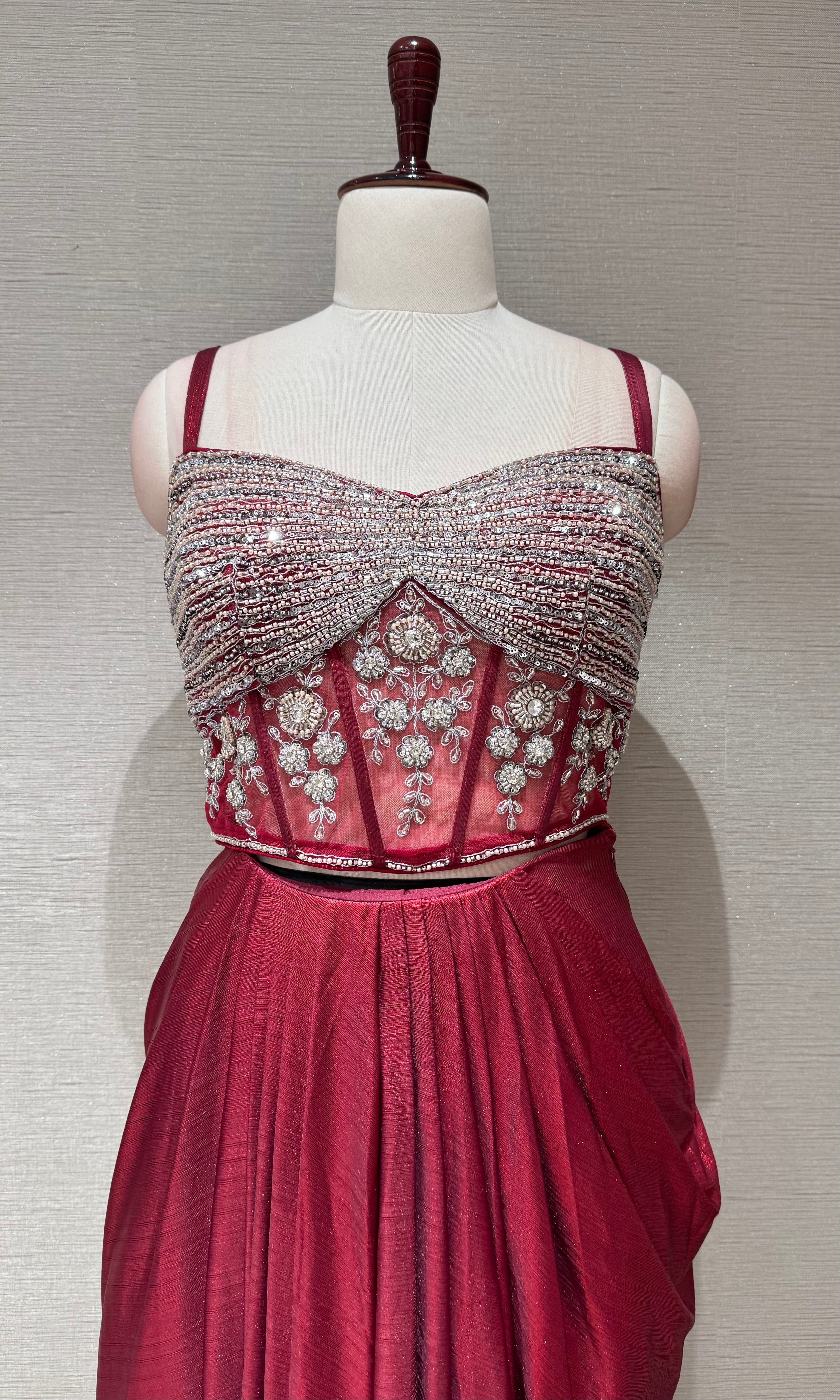 Maroon Deep Embroidered Cape Skirt