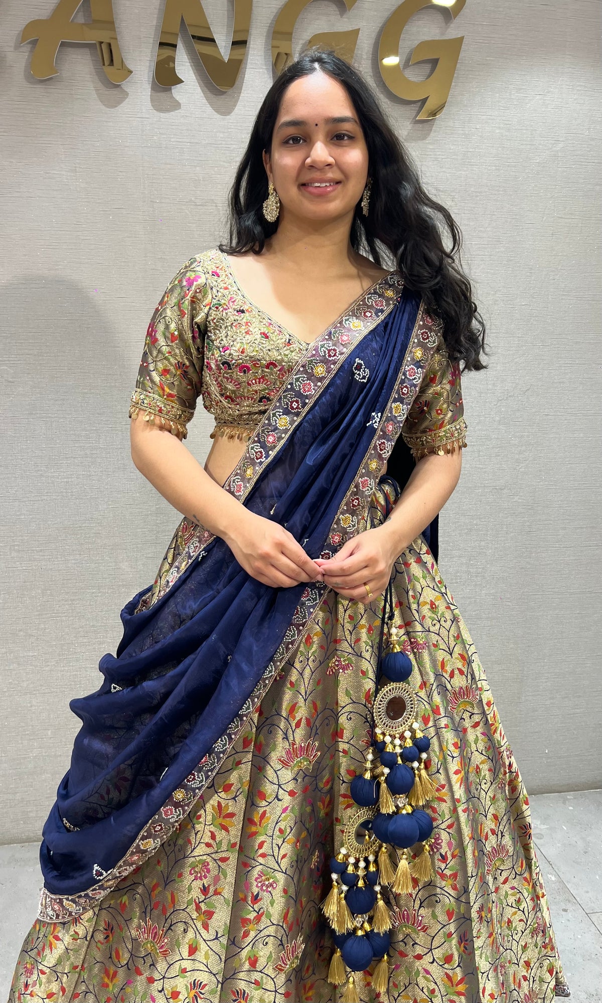 Golden Floral Banarasi Lehenga Set with Navy Blue Silk Dupatta