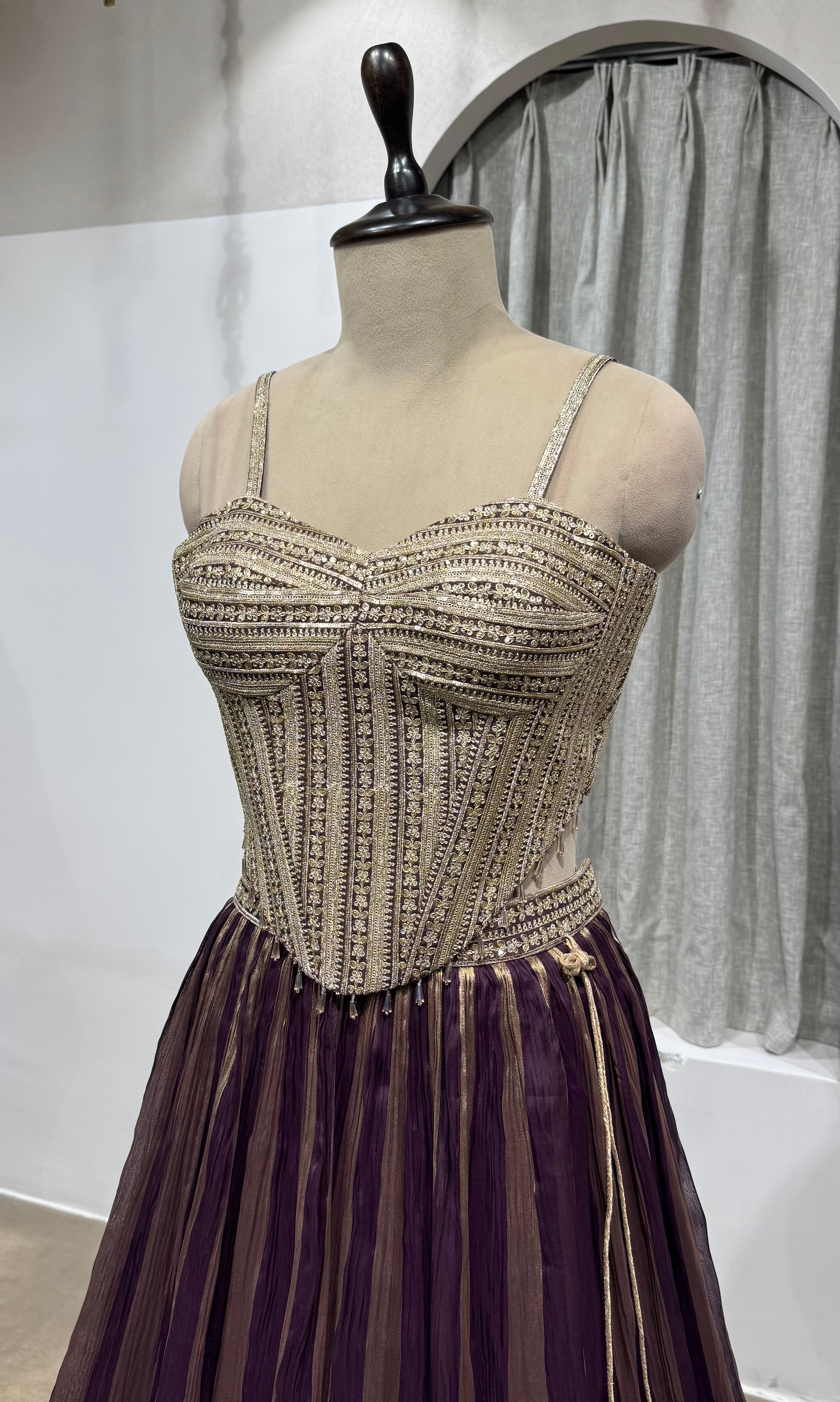wine and gold striped corset lehenga