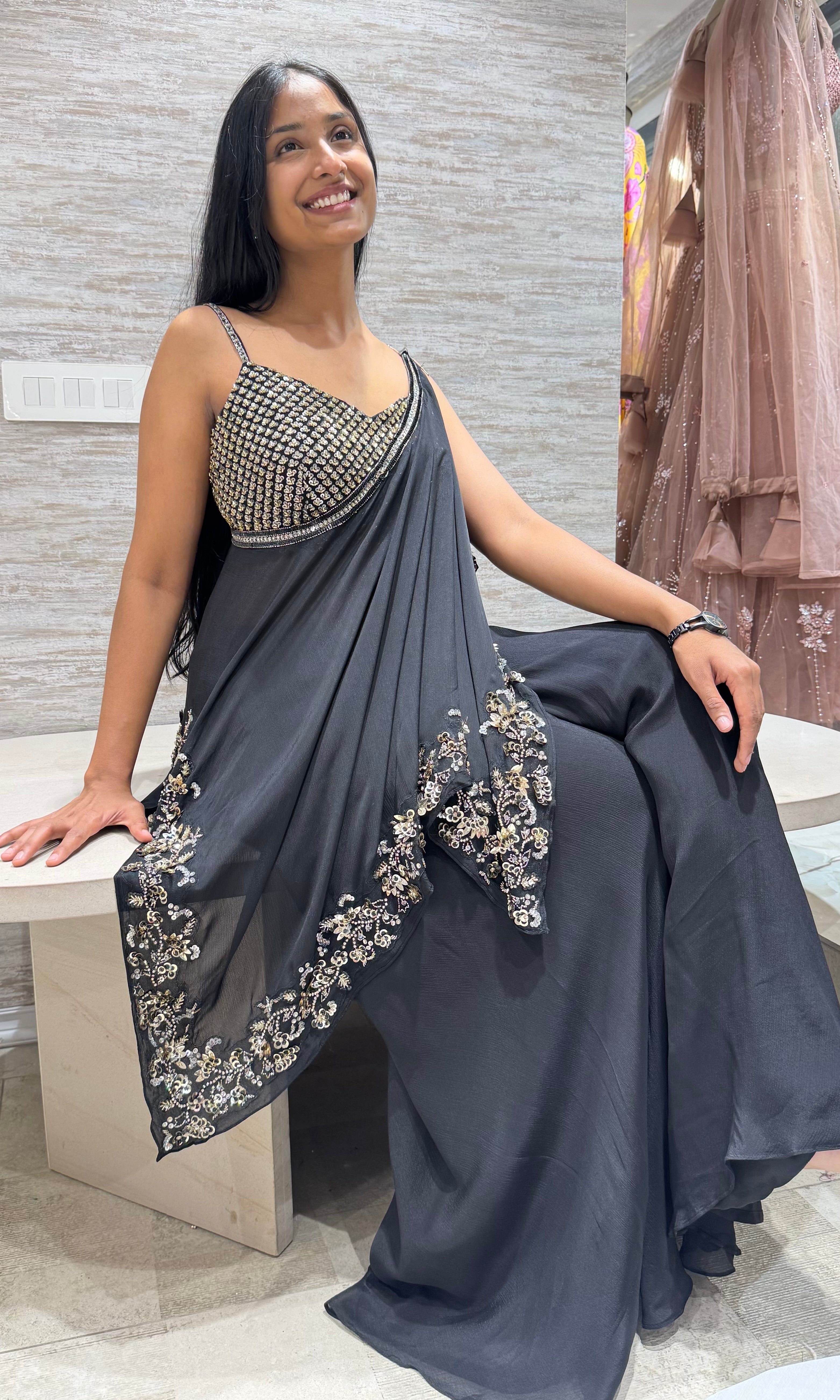 Black gold sharara with asymmetrical blouse