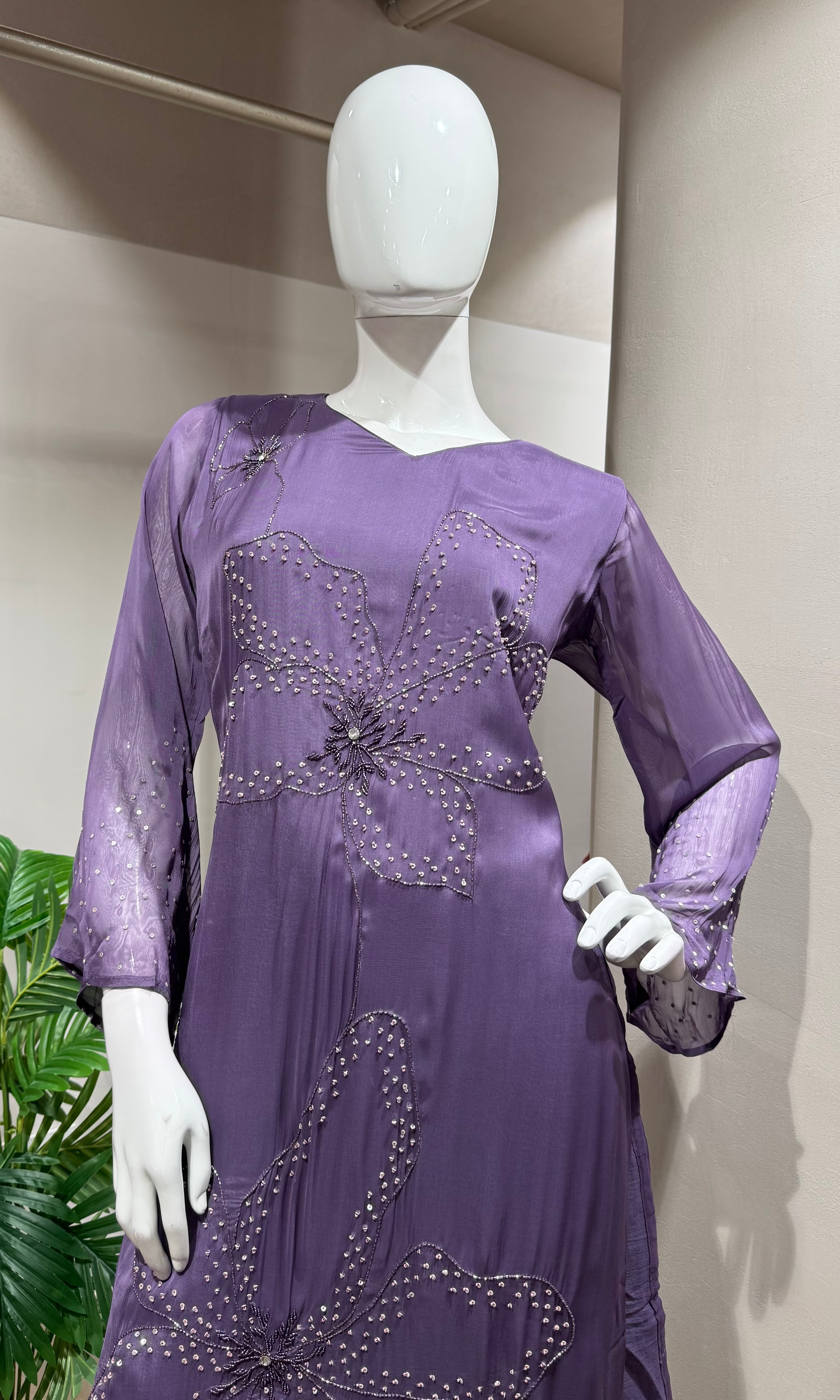 PURPLE FLORAL THREAD EMBROIDERED KURTA SET