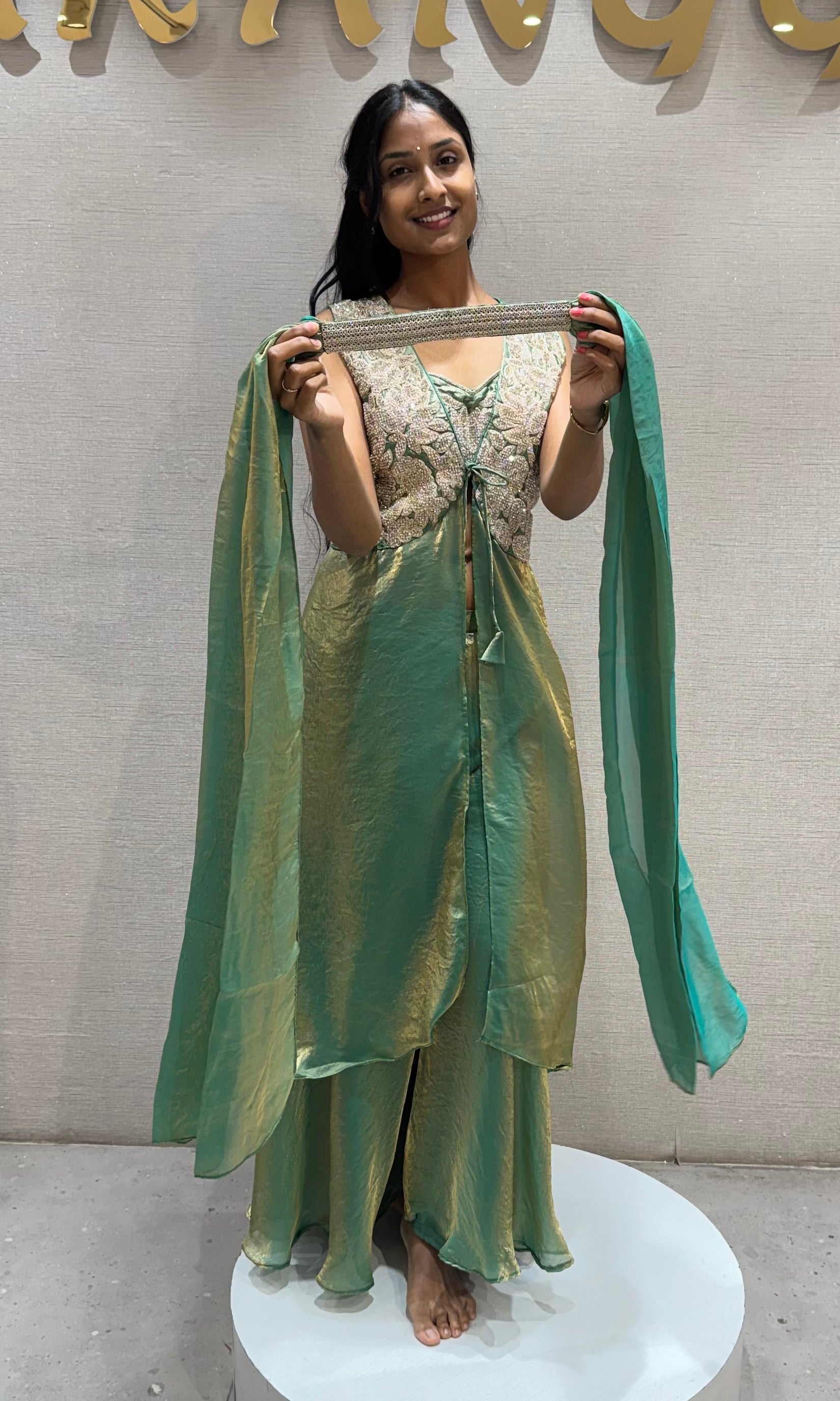 Rama Green Shimmer Tissue Palazzo Set