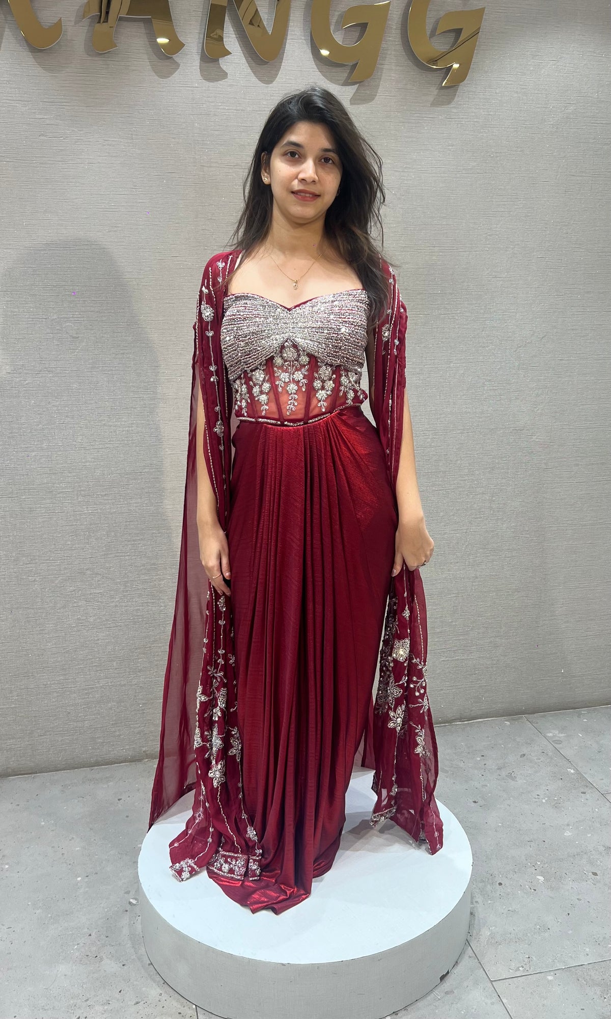 Maroon Deep Embroidered Cape Skirt