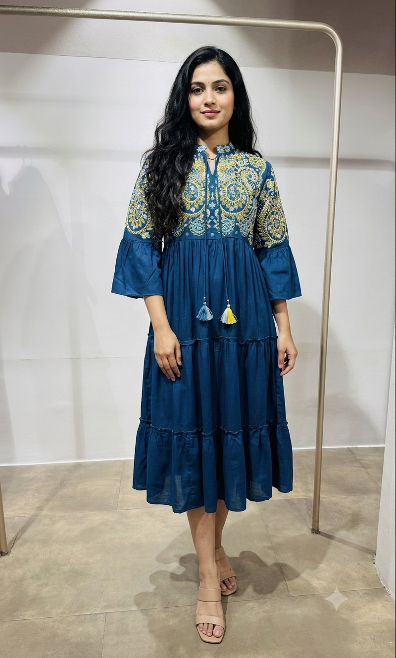 Blue Tiered Dress with Multicolor Embroidered Yoke