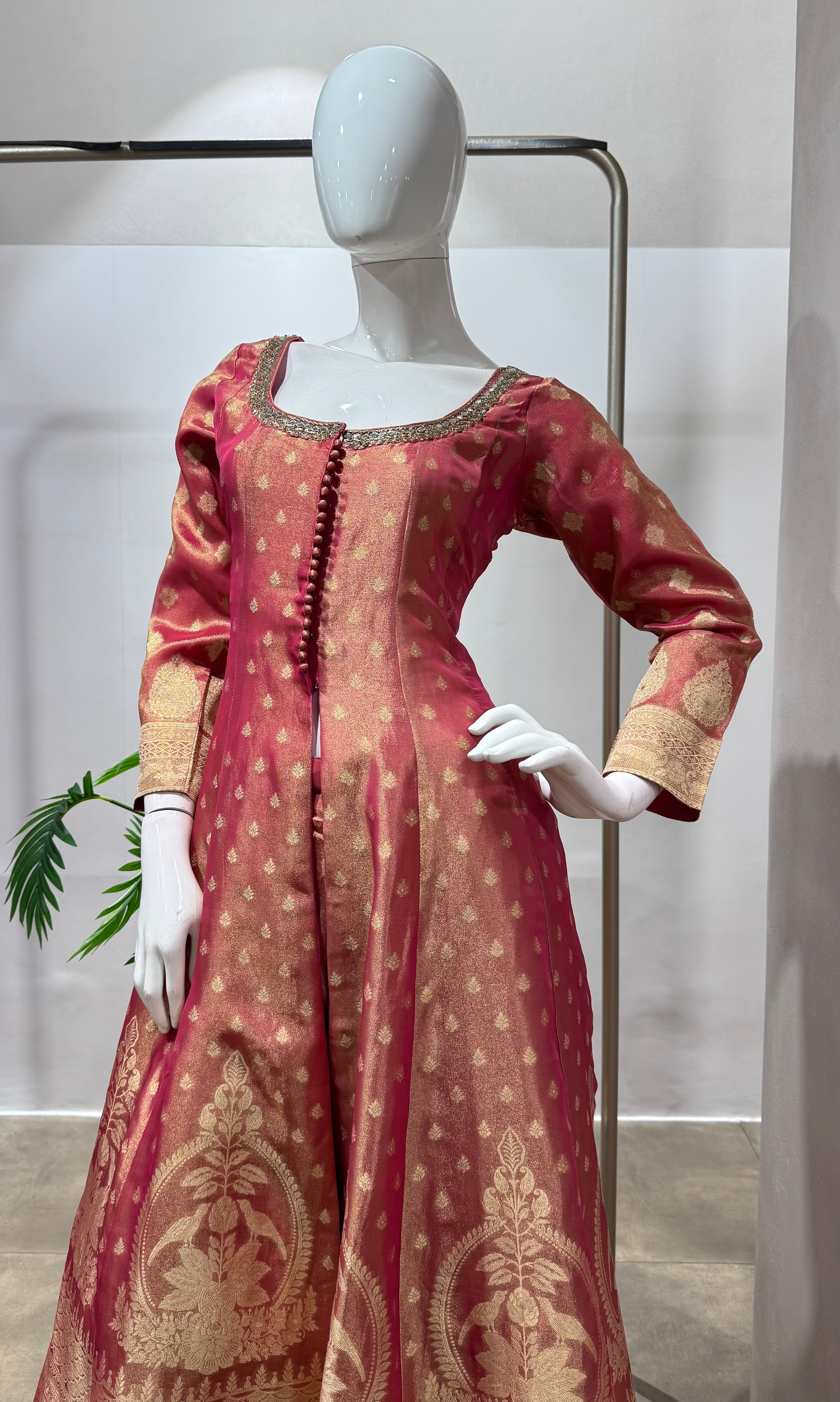 PINK BANARASI ANARKALI WITH PALAZZO PANTS