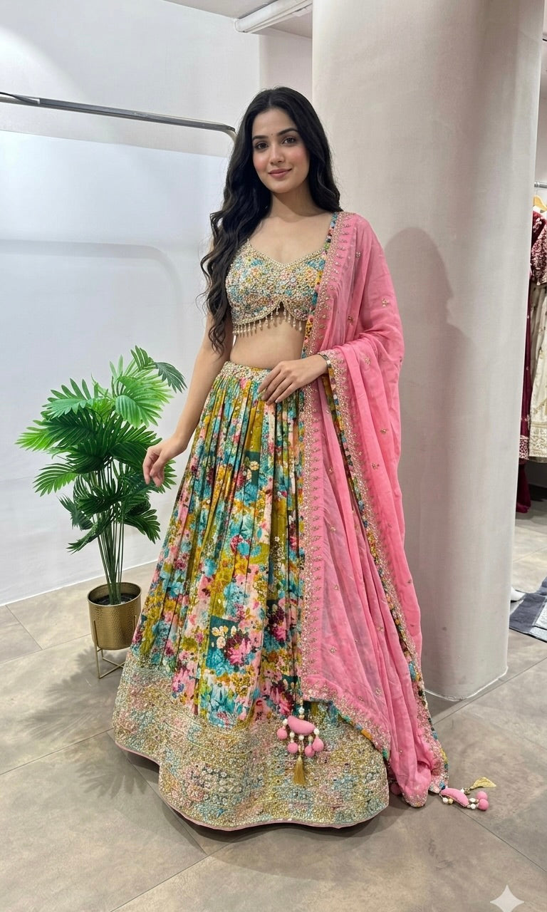 PINK MULTI FLORAL EMBROIDERED LEHENGA
