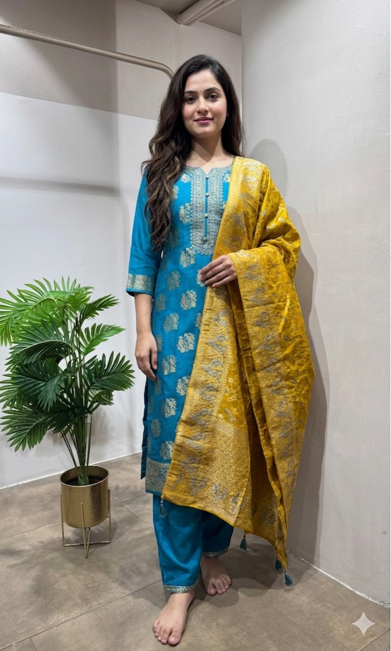 Rama Blue Silk embroidered kurta set