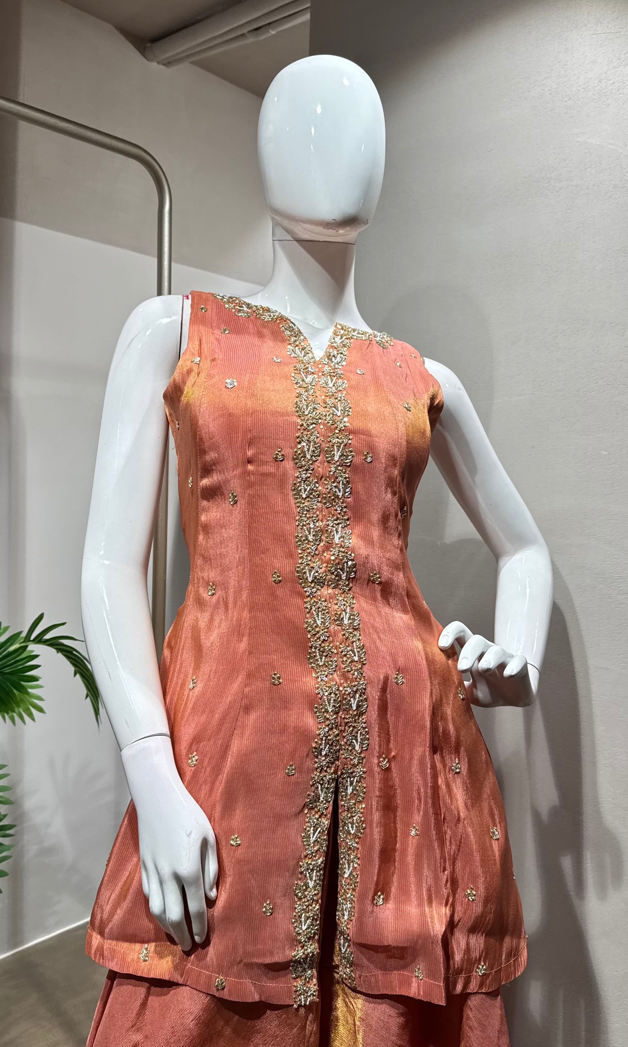 Peach Golden Tissue peplum palazzo Set