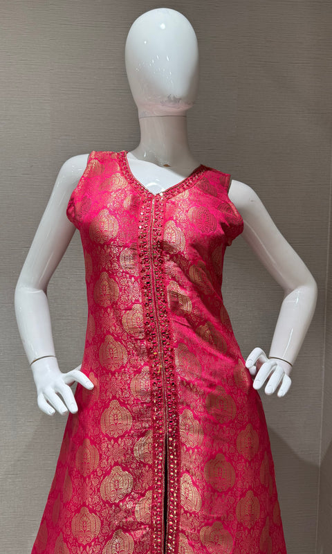 pink and Gold Banarasi Silk Anarkali Set with Dupatta