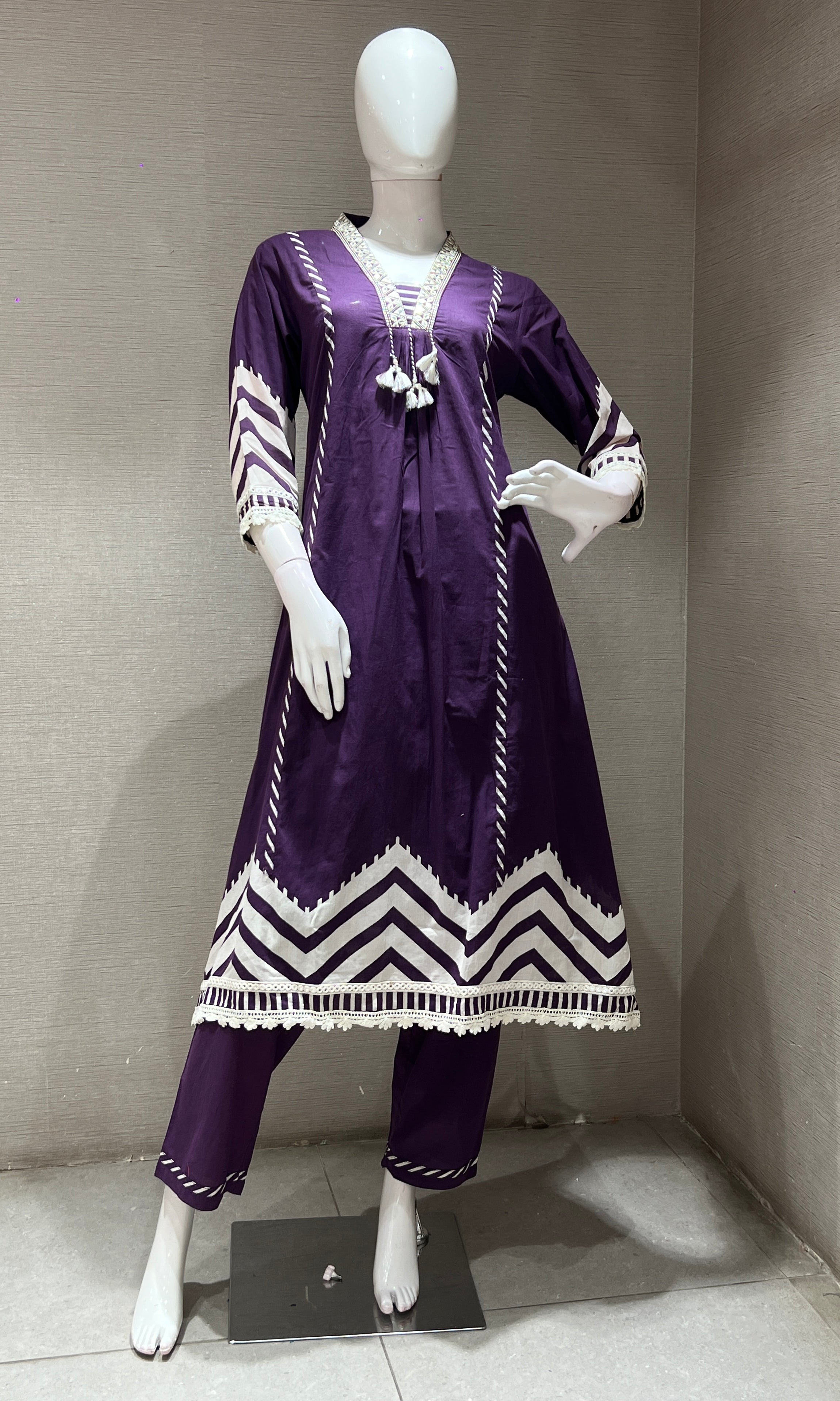 PURPLE ethnic white lace kurta set