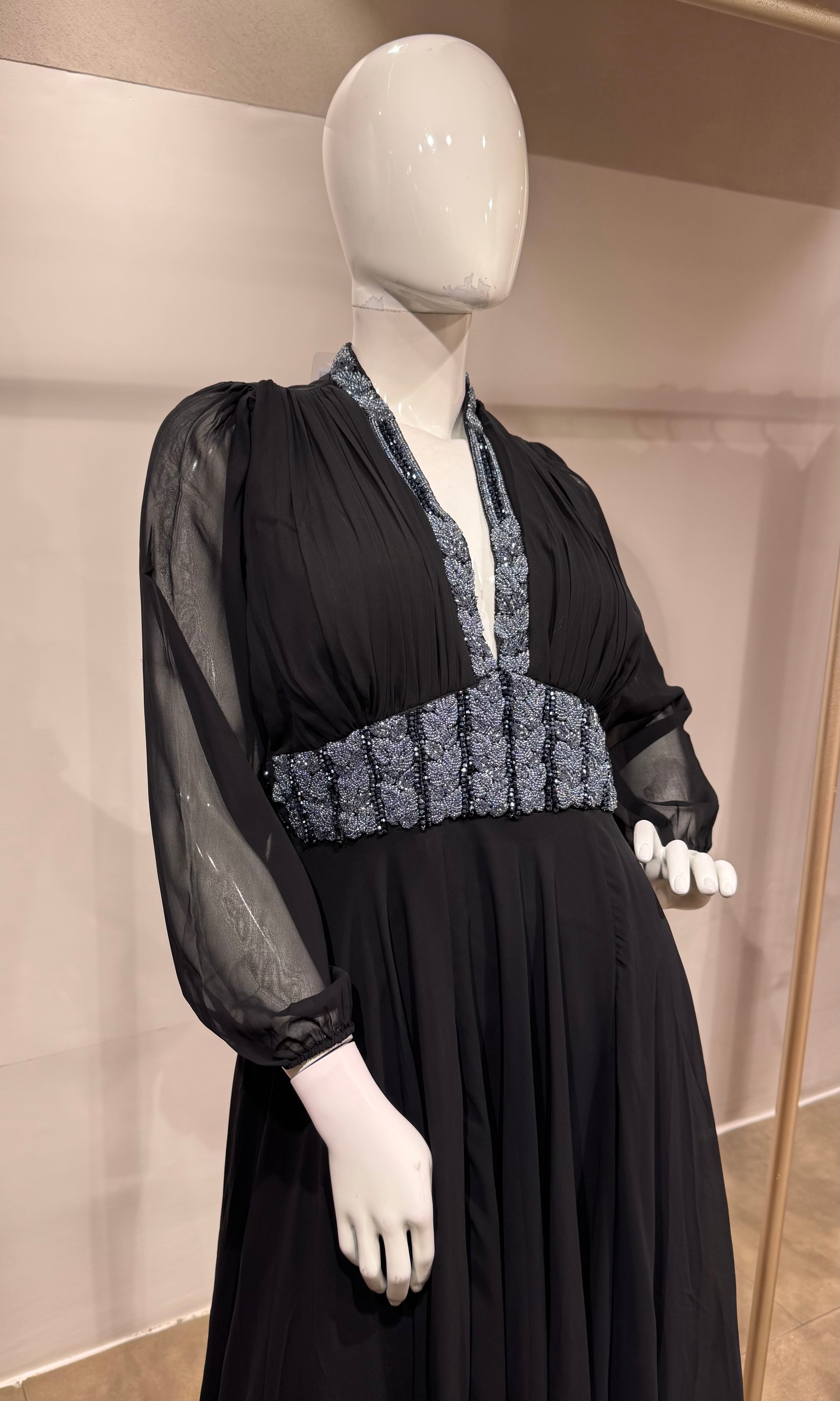 Black Georgette Gown with Silver Embroidery