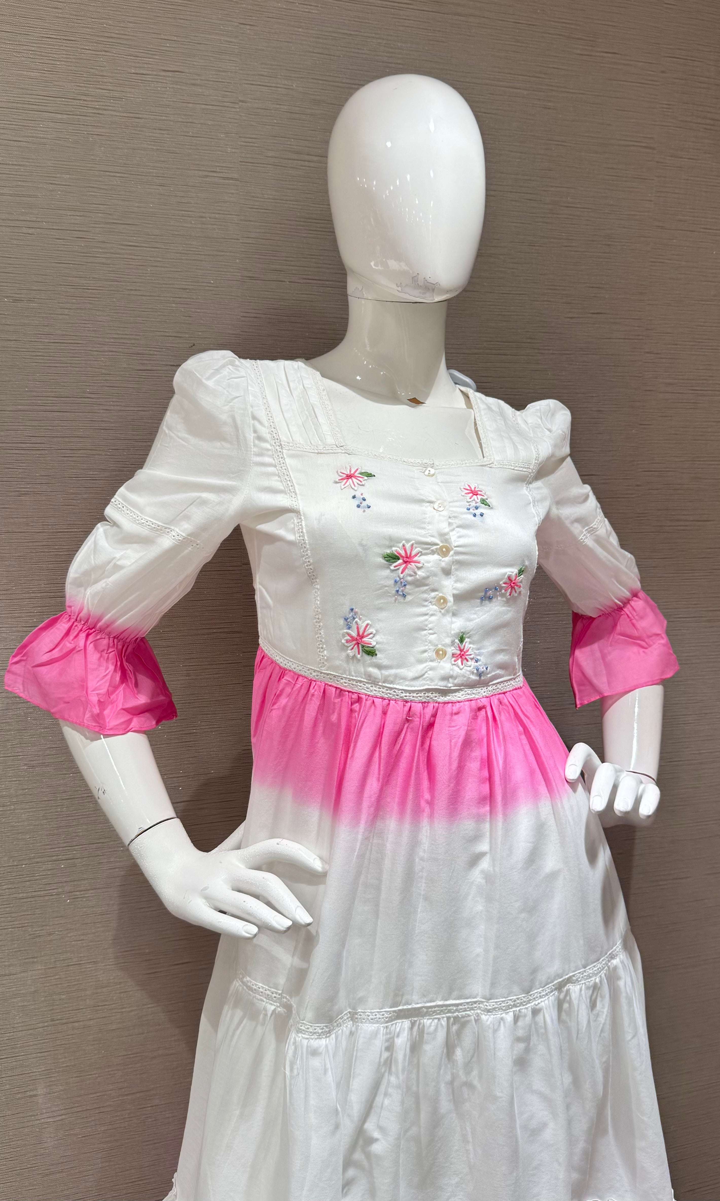 white and pink tie-dye cotton frock