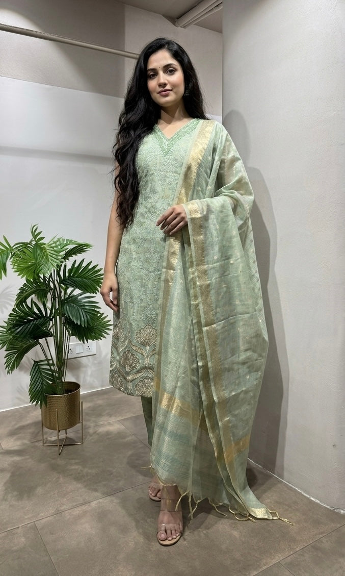 Pista Green Banarasi Silk kurta set