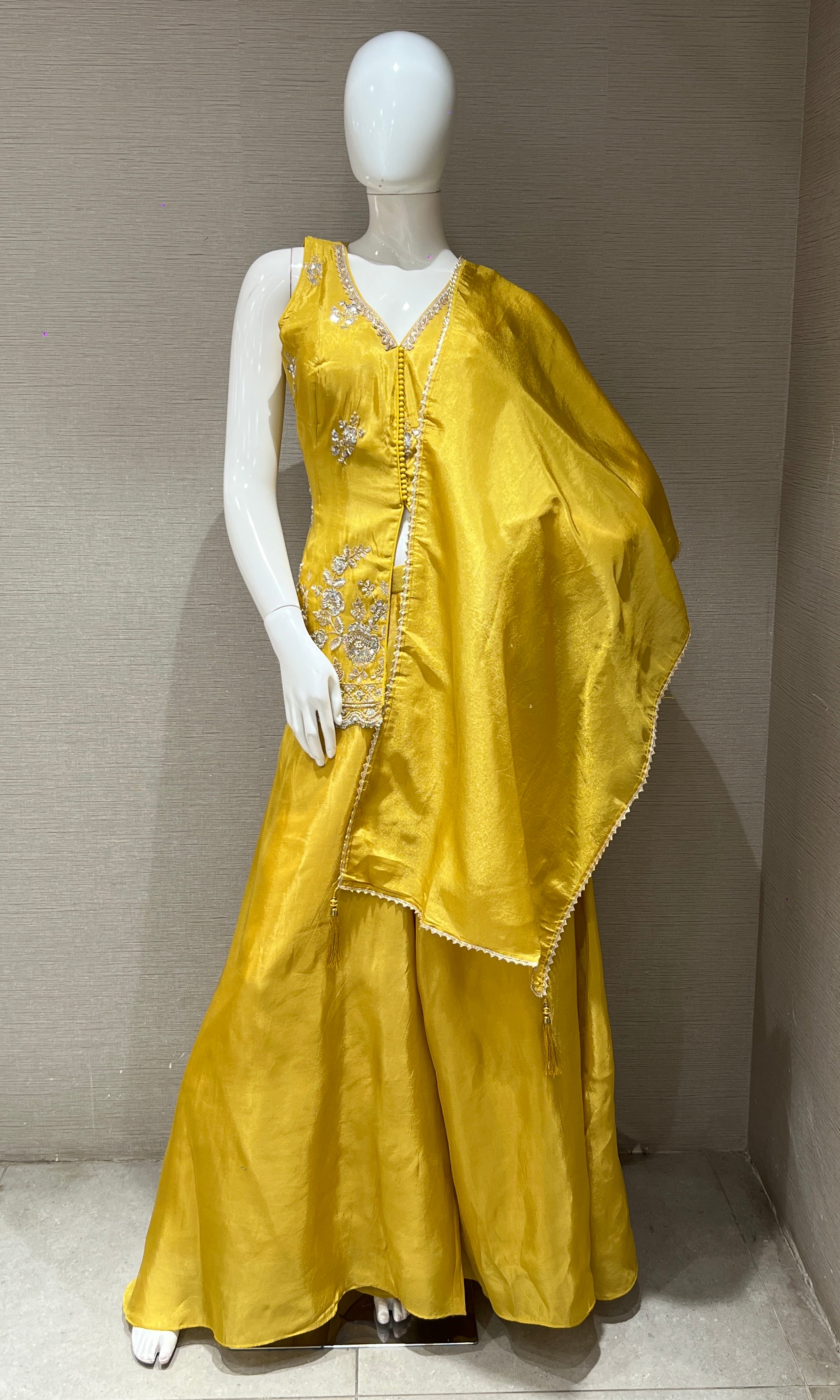 golden Yellow shimmer tissue palazzo with intricate embroidery
