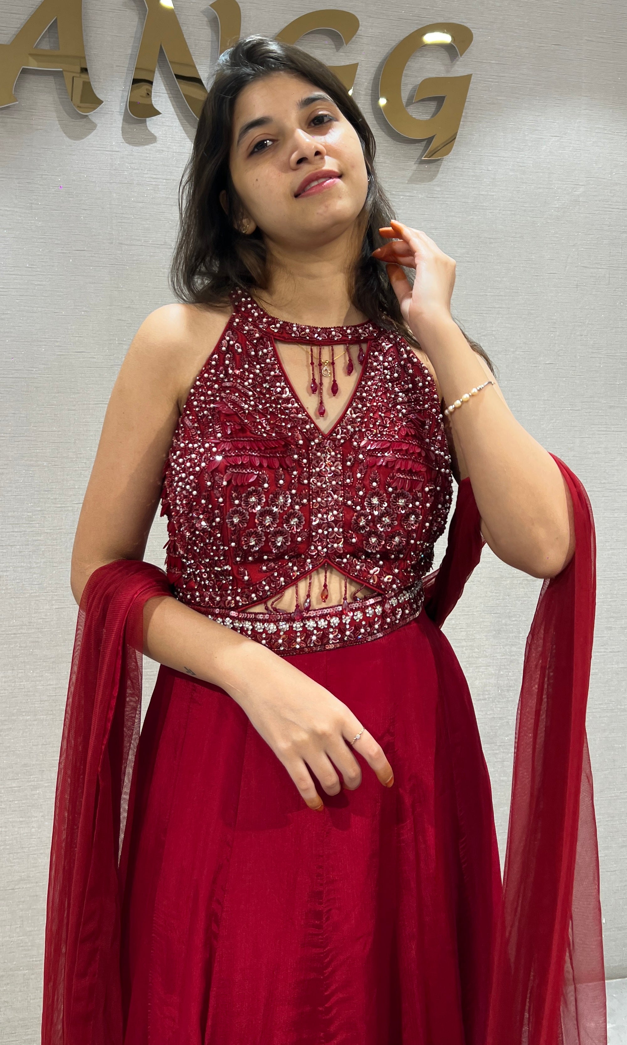 Red Halter Embellished Anarkali Frock