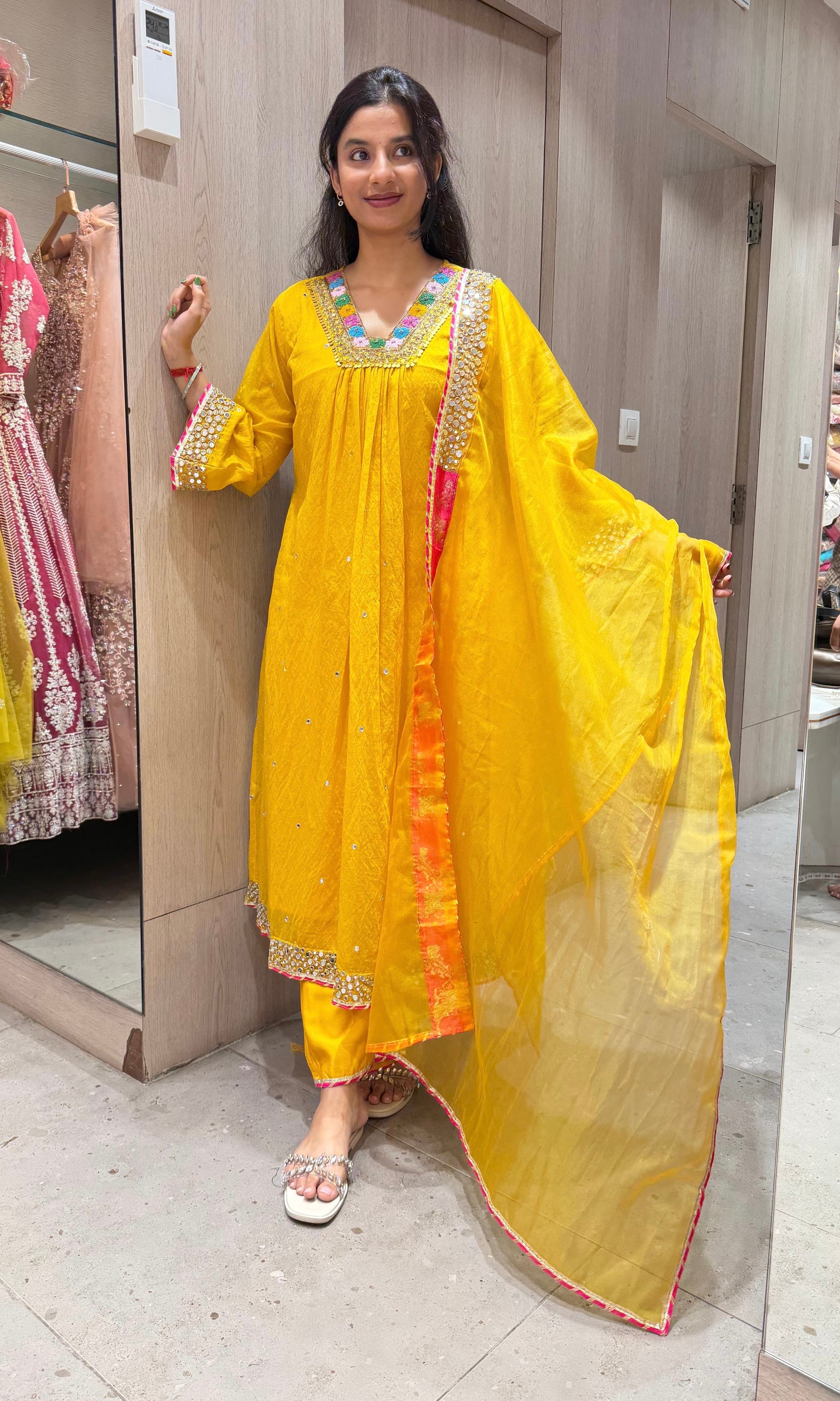Yellow FLORAL NECK A LINE kurta set