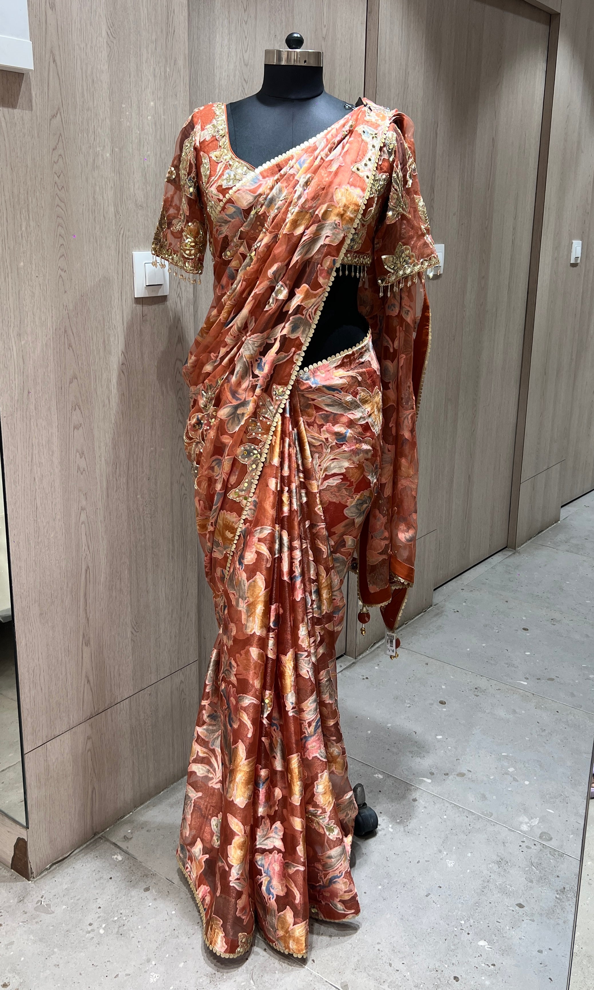 Rust orange saree with ready blouse