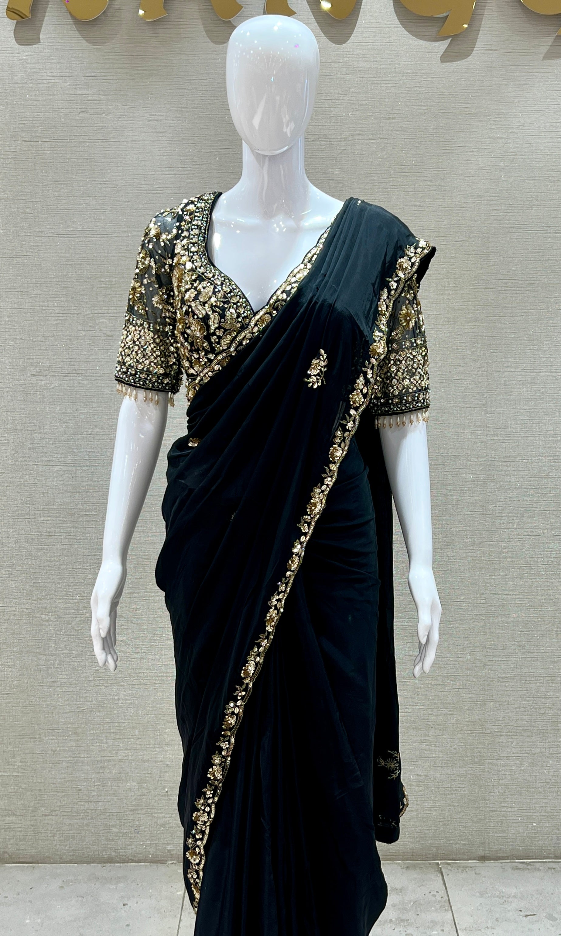 Black saree with ready blouse