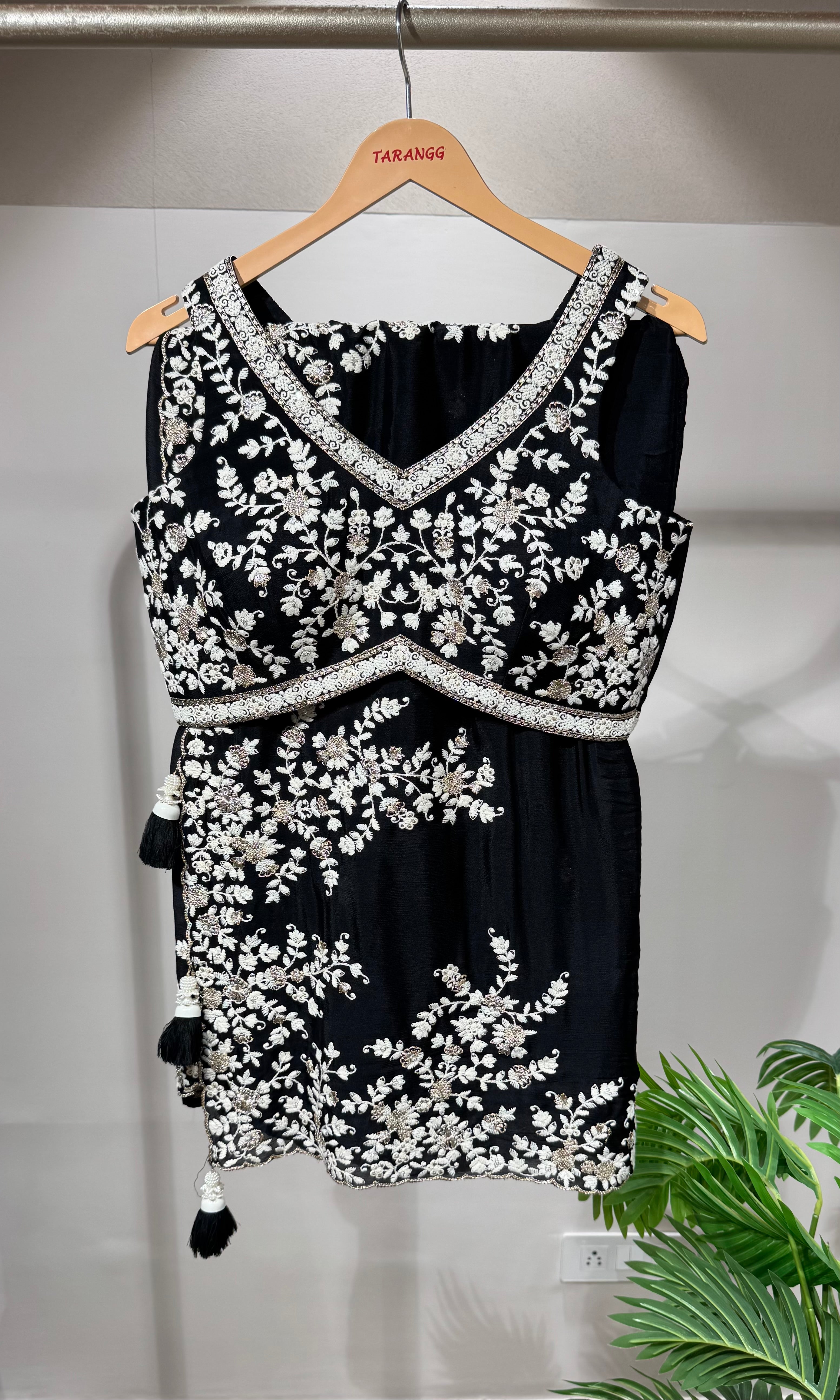 Black Embroidered Saree with V-Neck Blouse