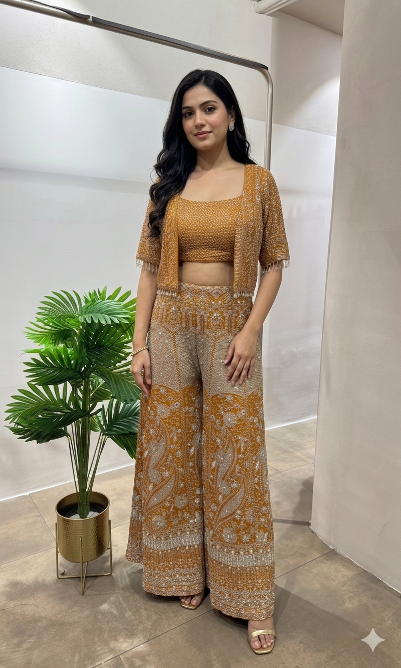 Rust EMBELLISHED PALAZZO SET WITH JACKET