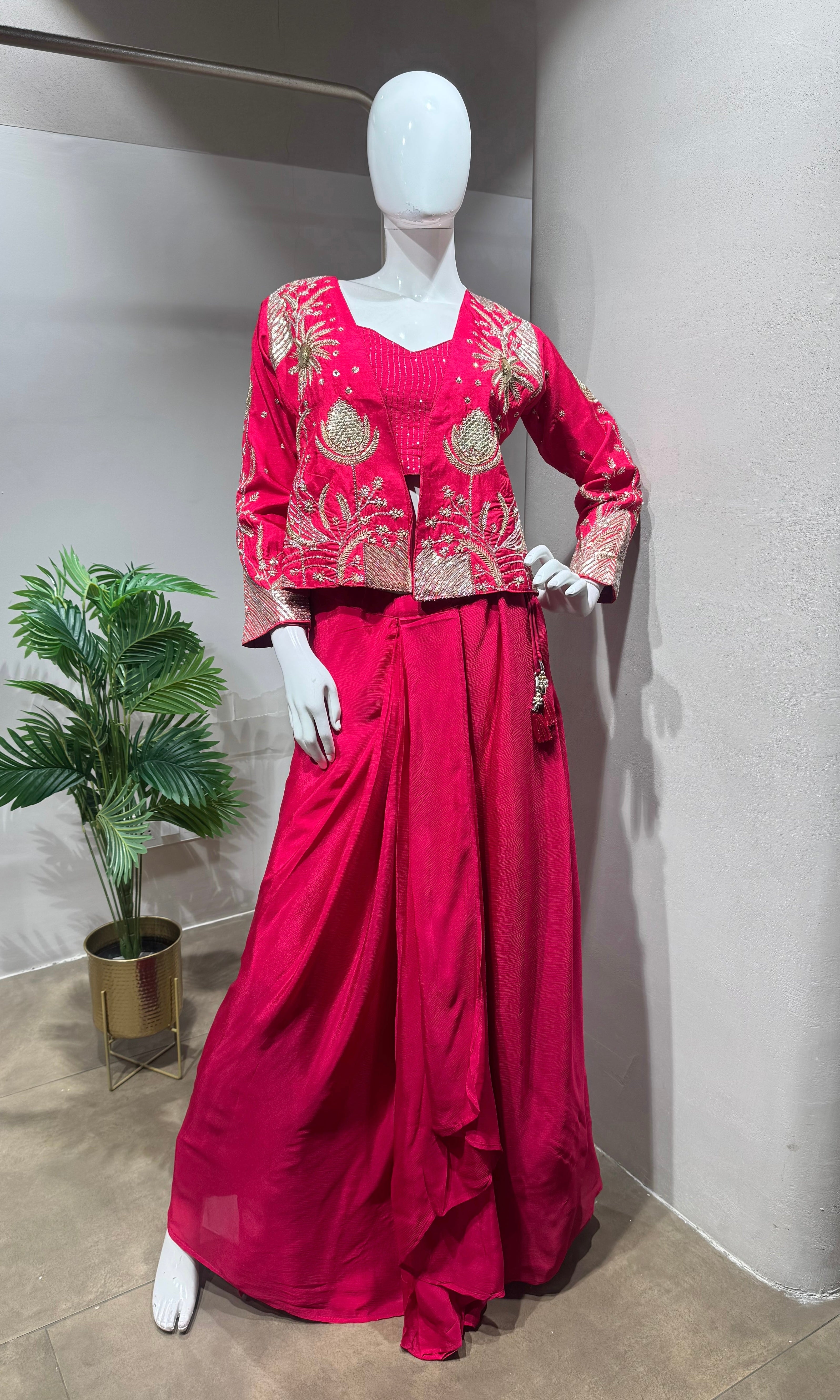 Rani Pink Indo-Western Set with Pearl Jacket