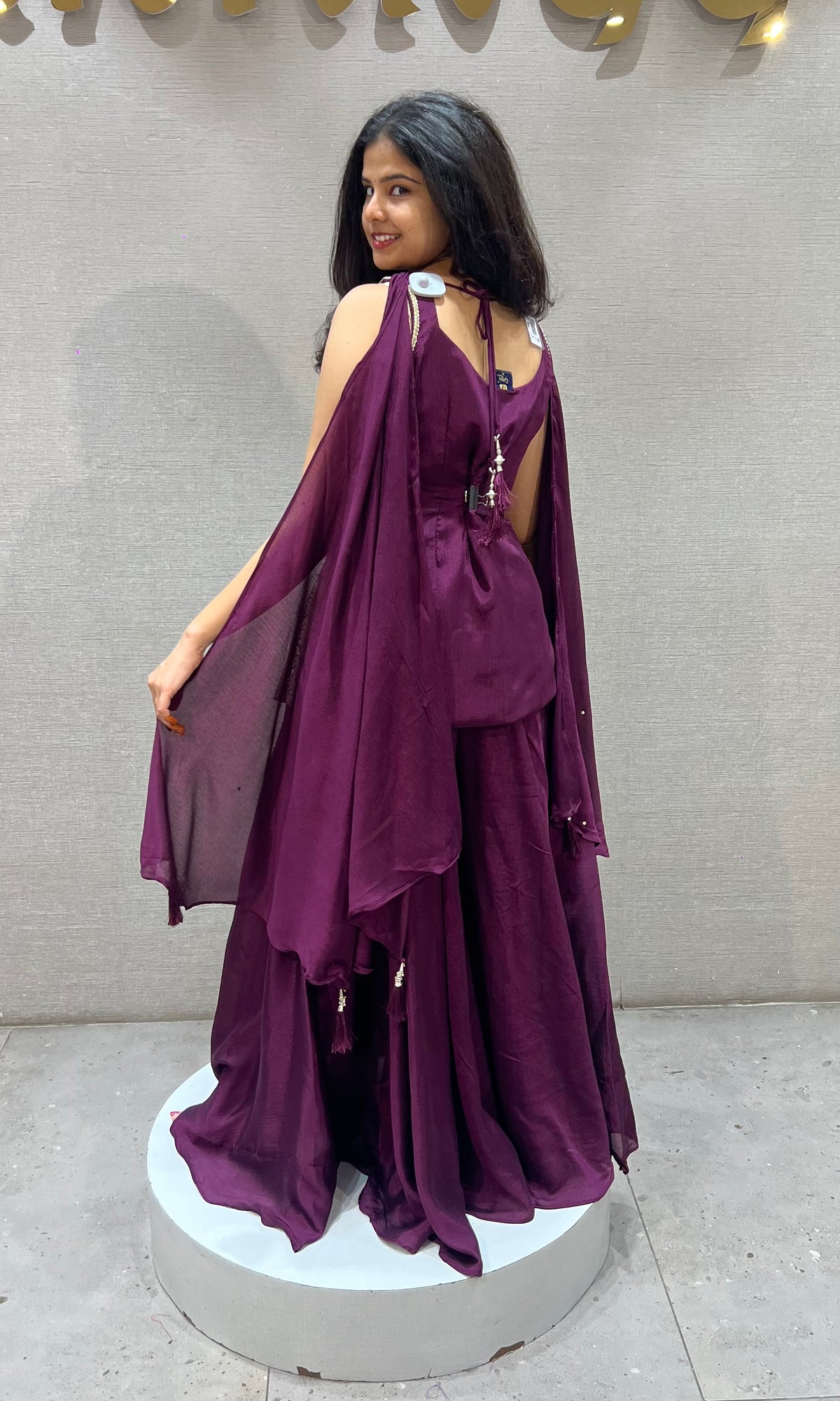 Wine silk Embellished Peplum Palazzo Set with dupatta
