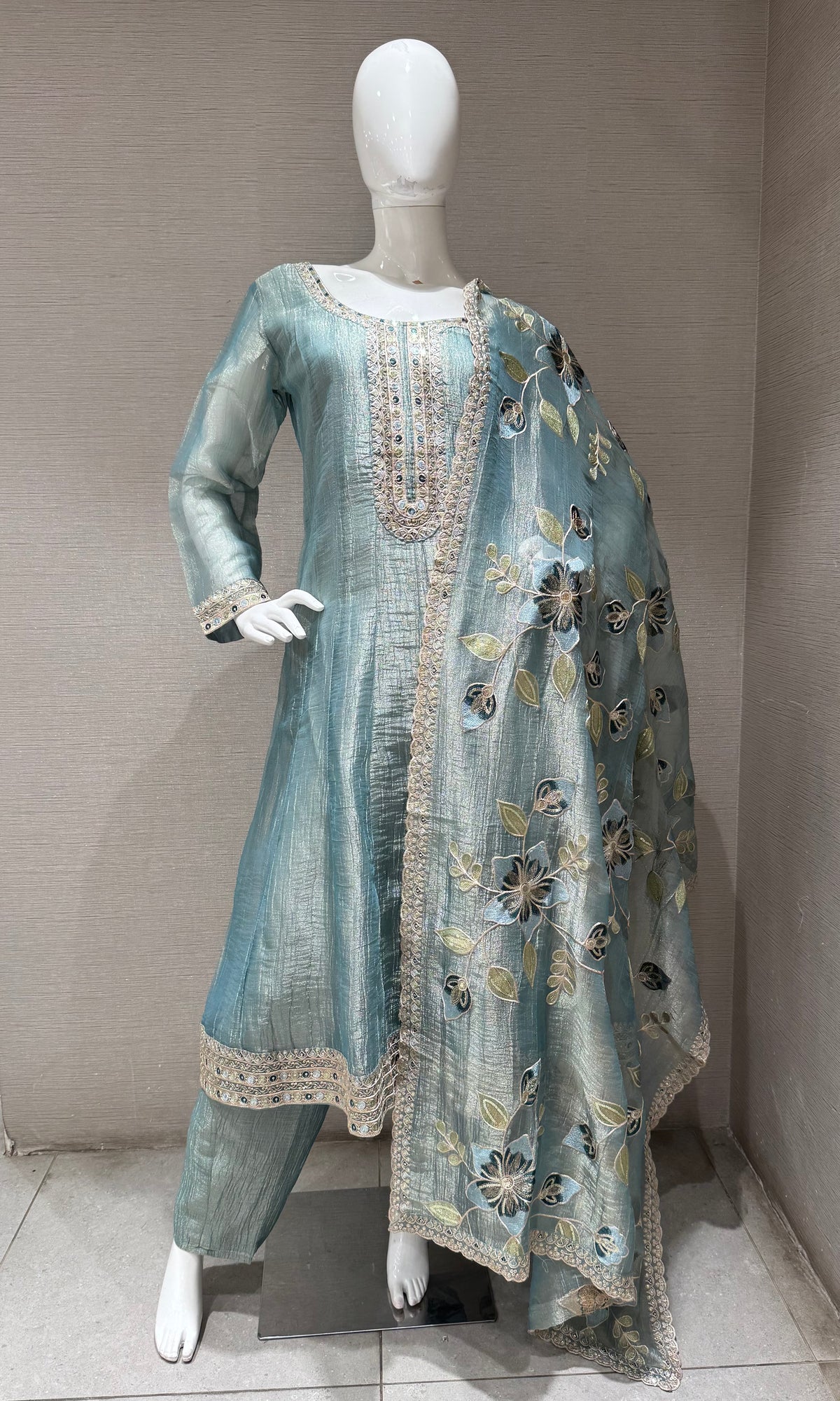 blue embroidered Tissue anarkali Set with floral dupatta