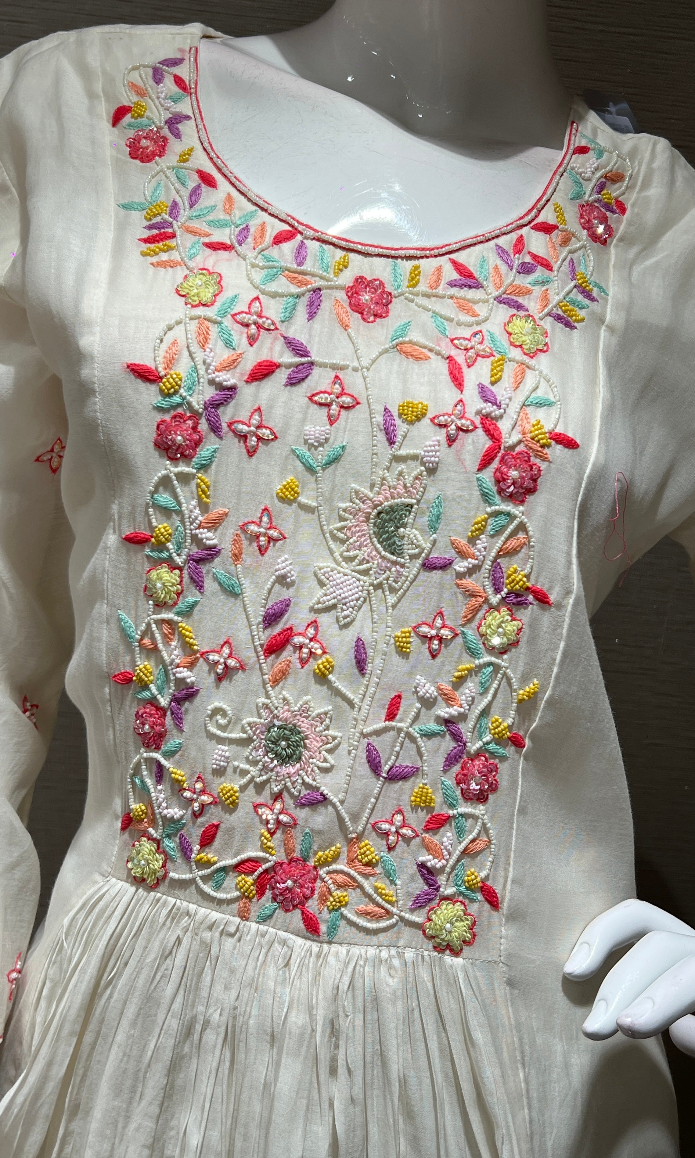 Half white floral bead work mul chanderi kurta set