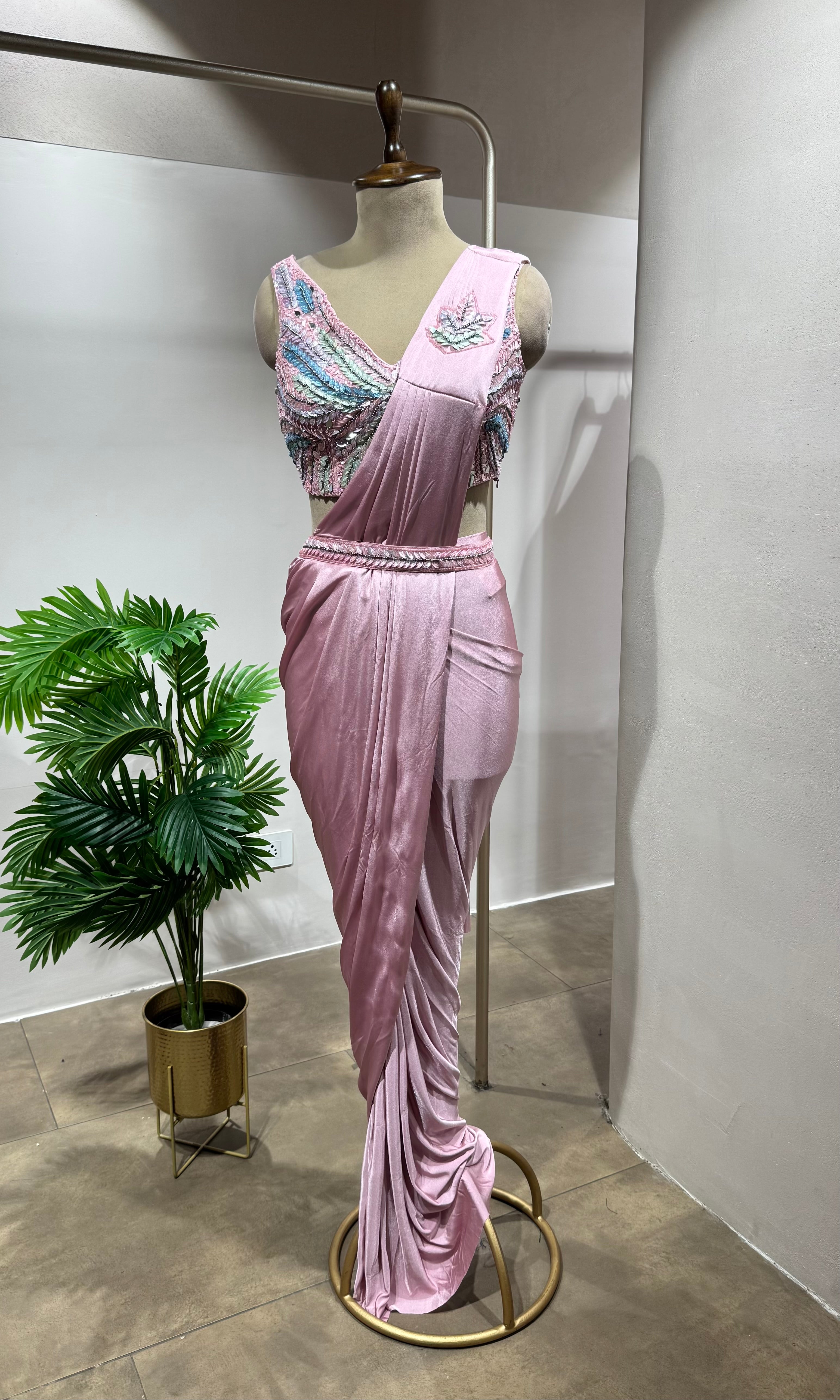 Blush Pink Lycra Drape Saree