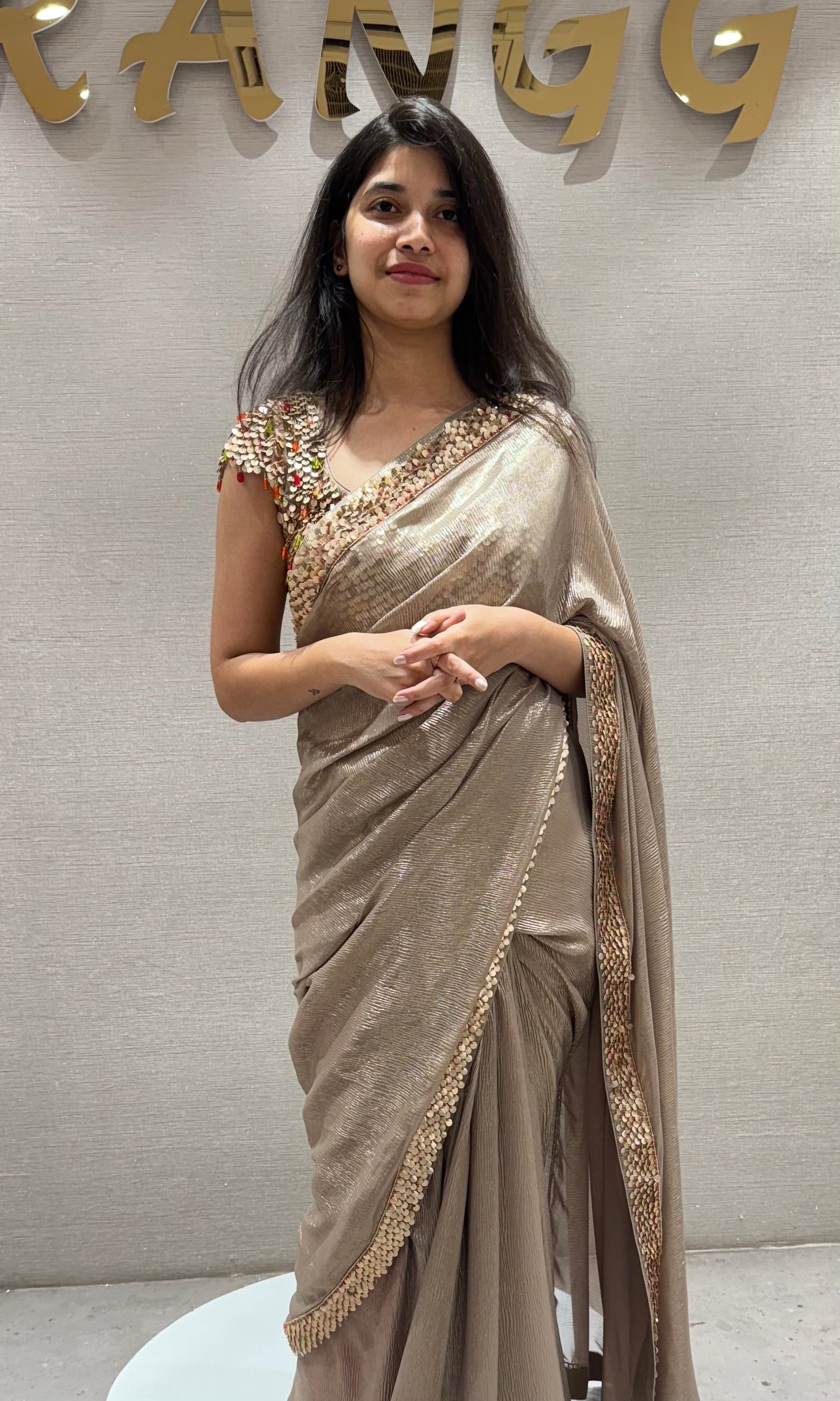 BEige designer SAREE WITH ready BLOUSE