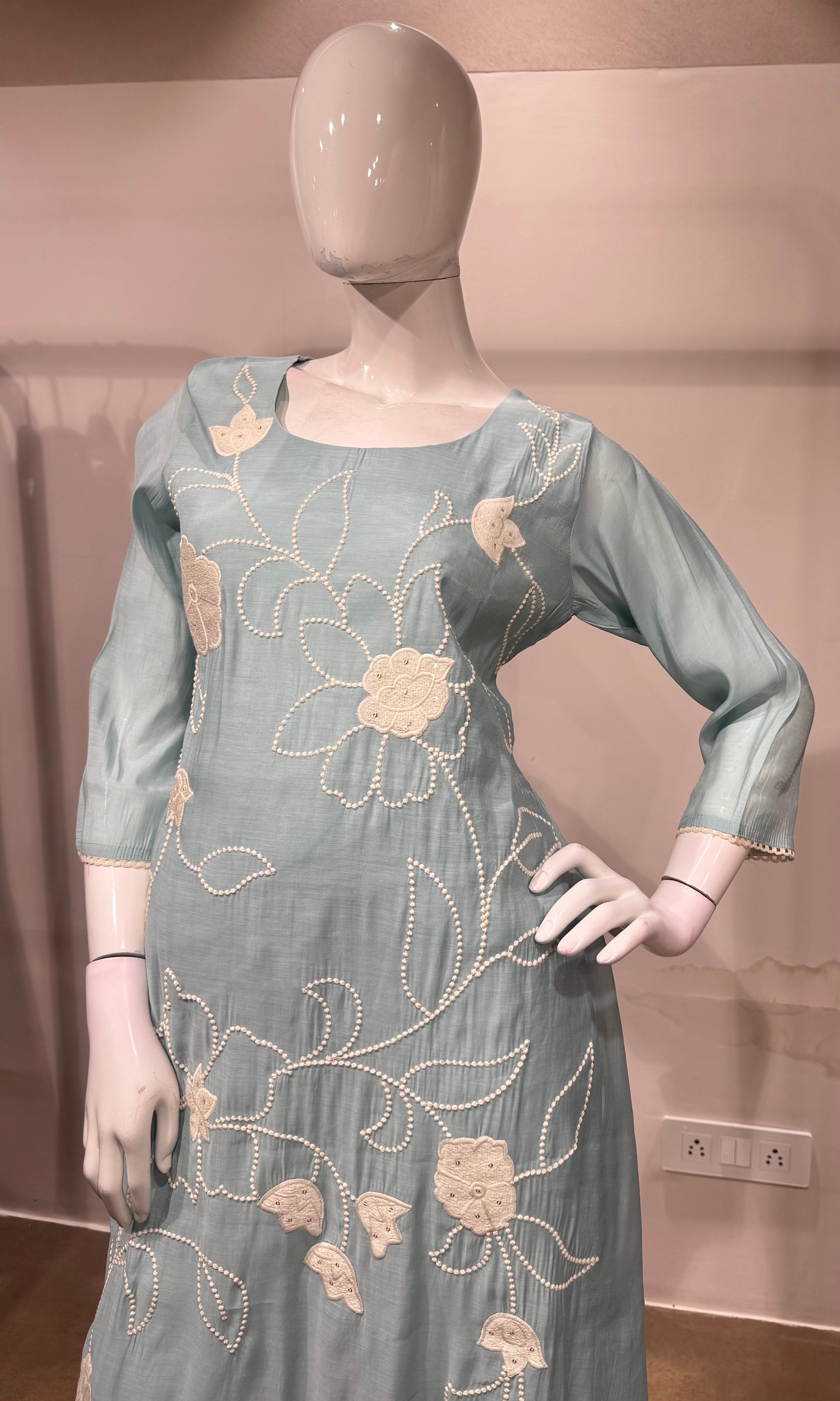 Sky Blue Embroidered Straight Kurta with Dupatta