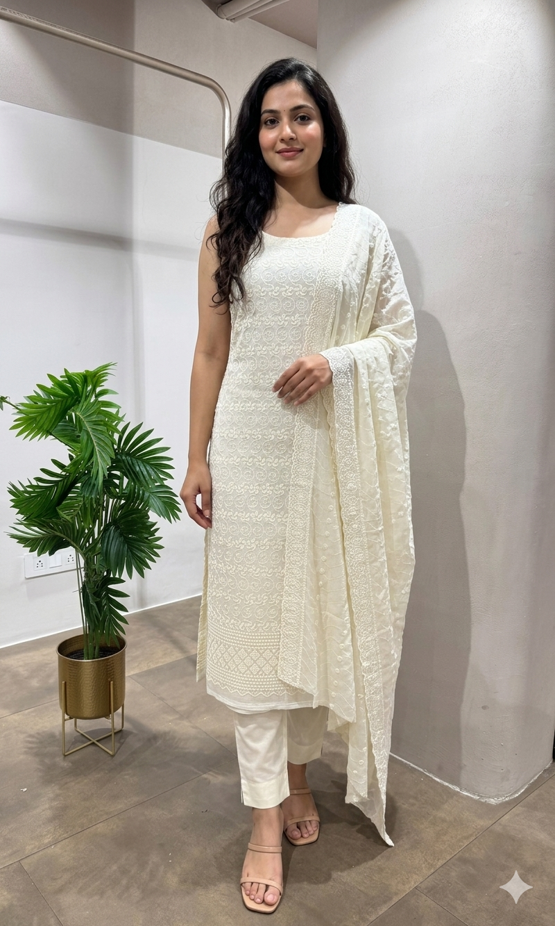 CREAM CHIKANKARI DRESS MATERIAL