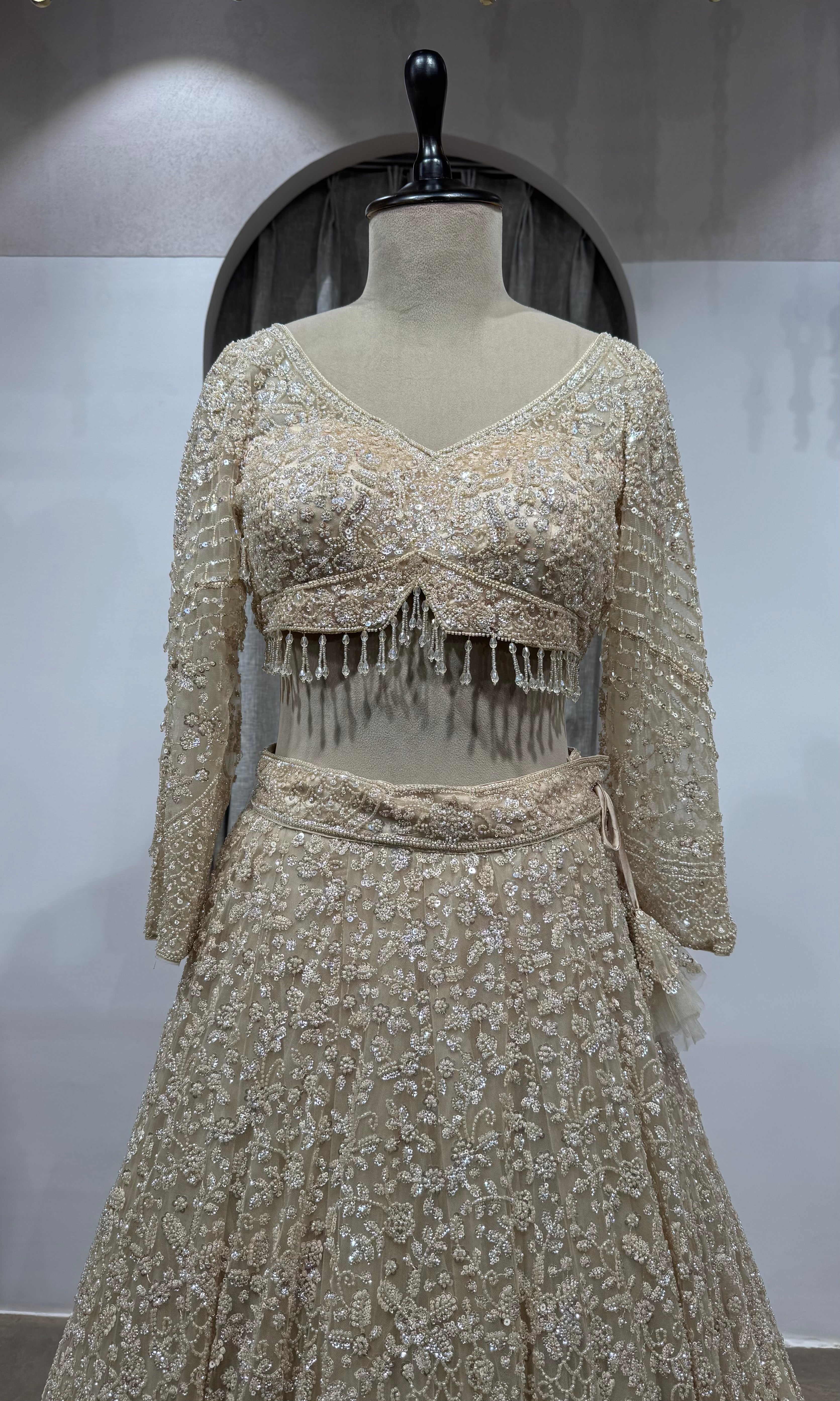 Ivory Net Sequin Embroidered Lehenga Set