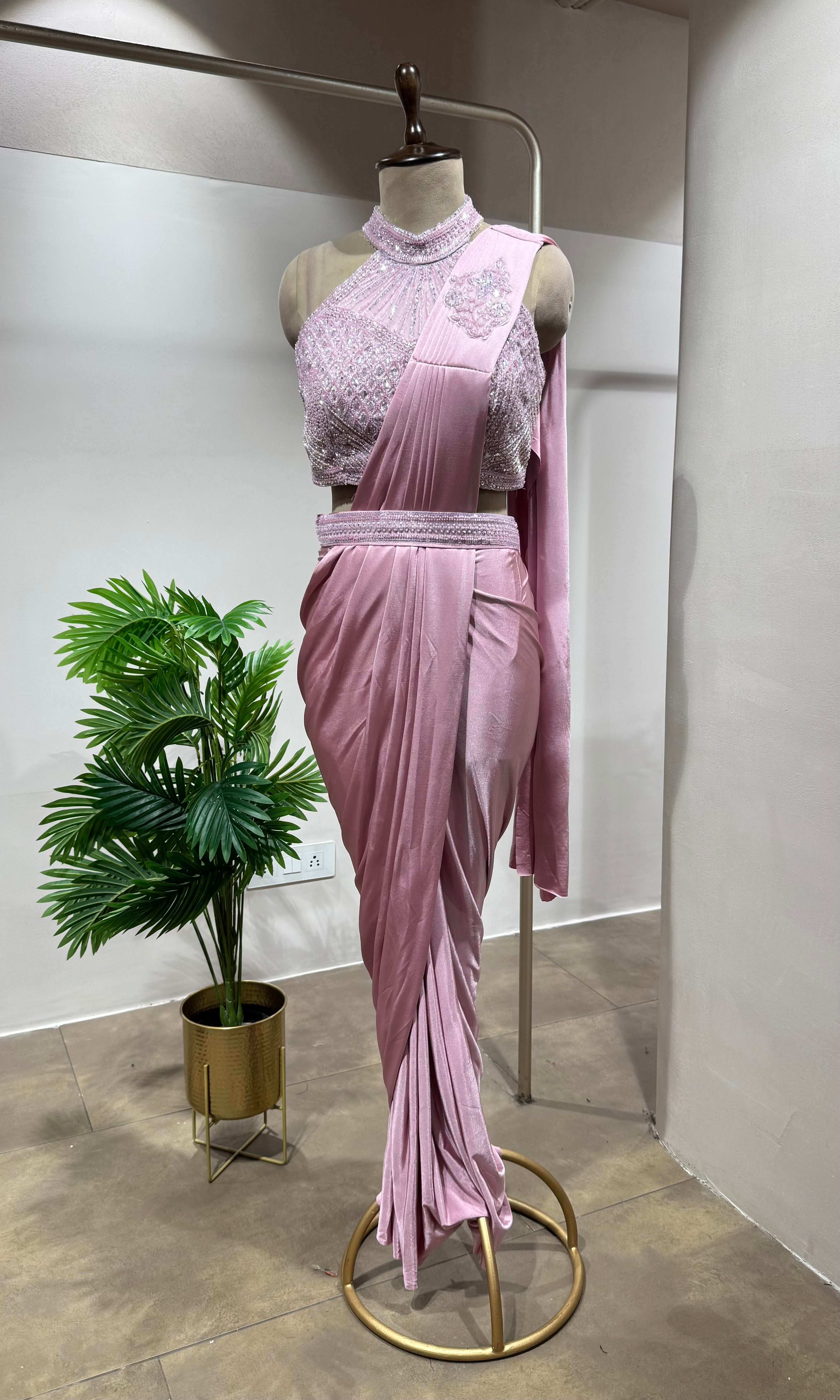 Pink Drape Saree with High Neck Blouse