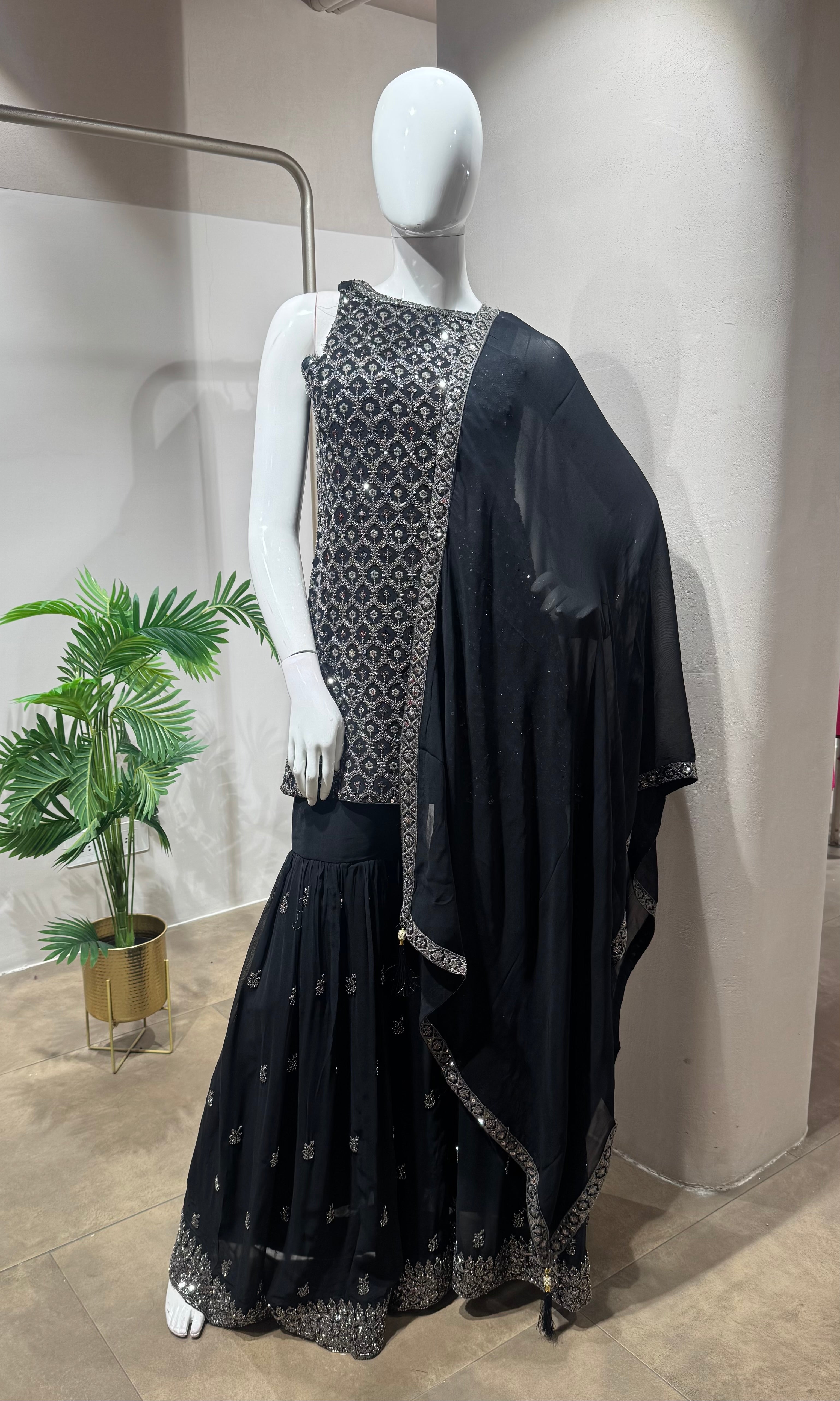 BLACK EMBROIDERED PEPLUM SHARARA SET