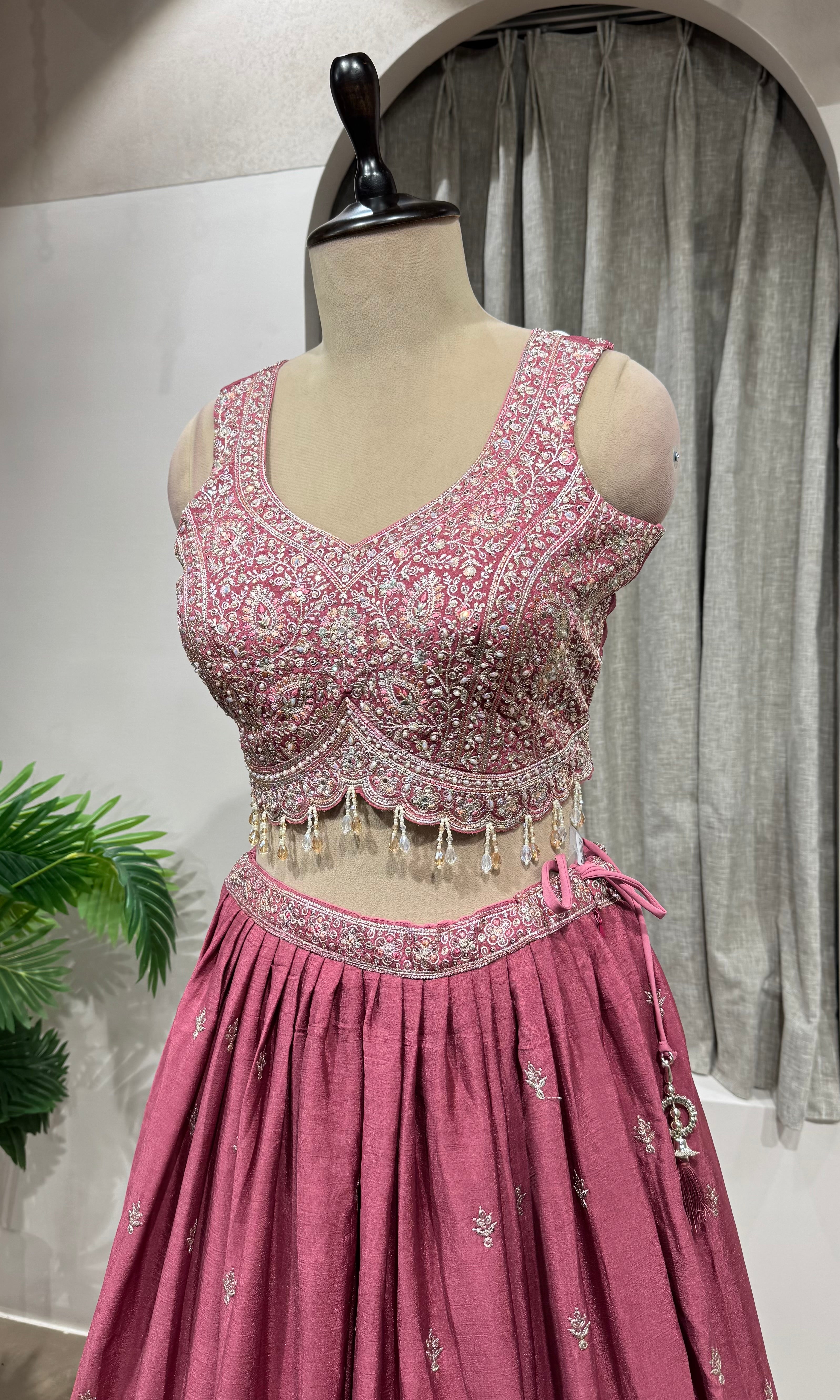 PINK Flared Lehenga Choli with Border Embroidery