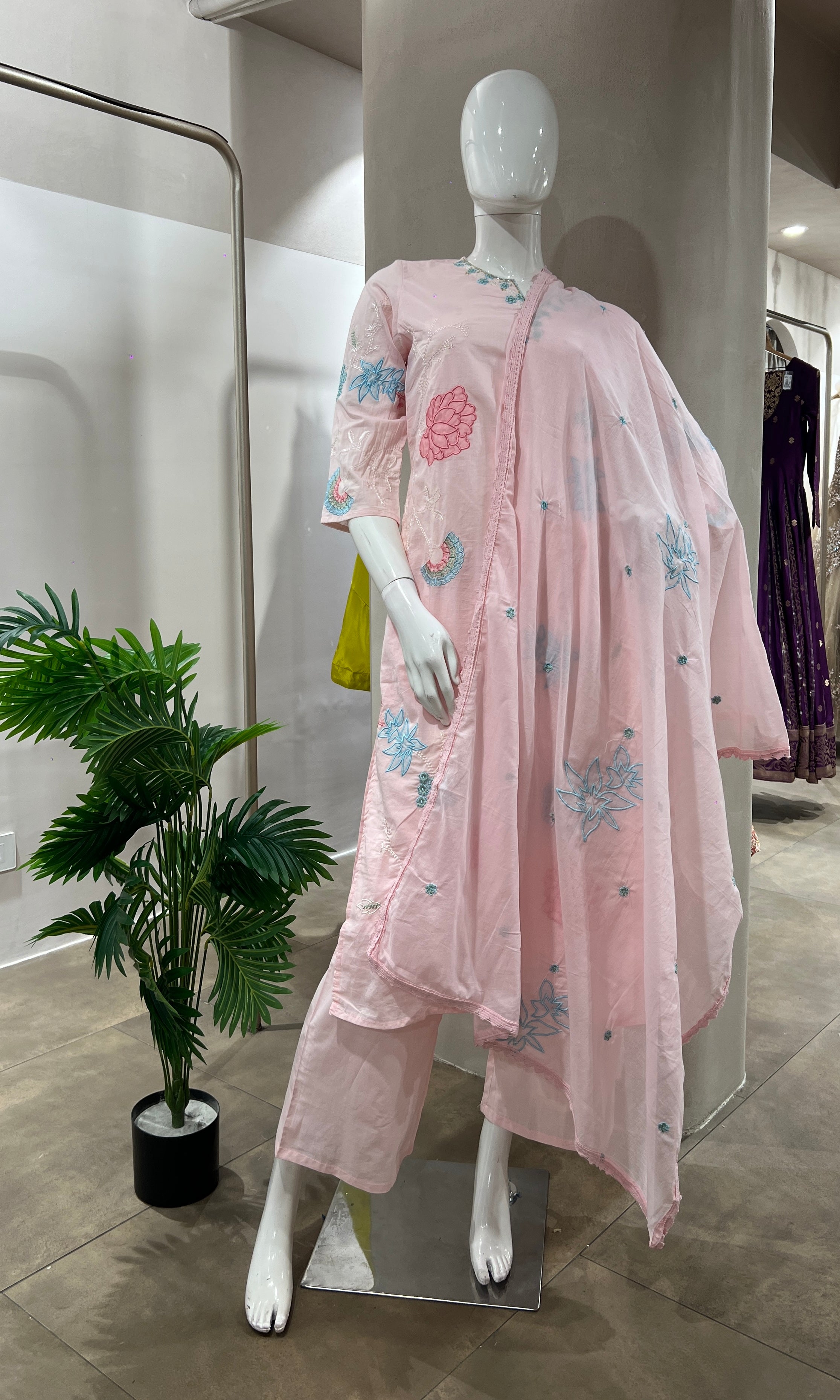 PINK FLORAL MOTIFS COTTON KURTA SET