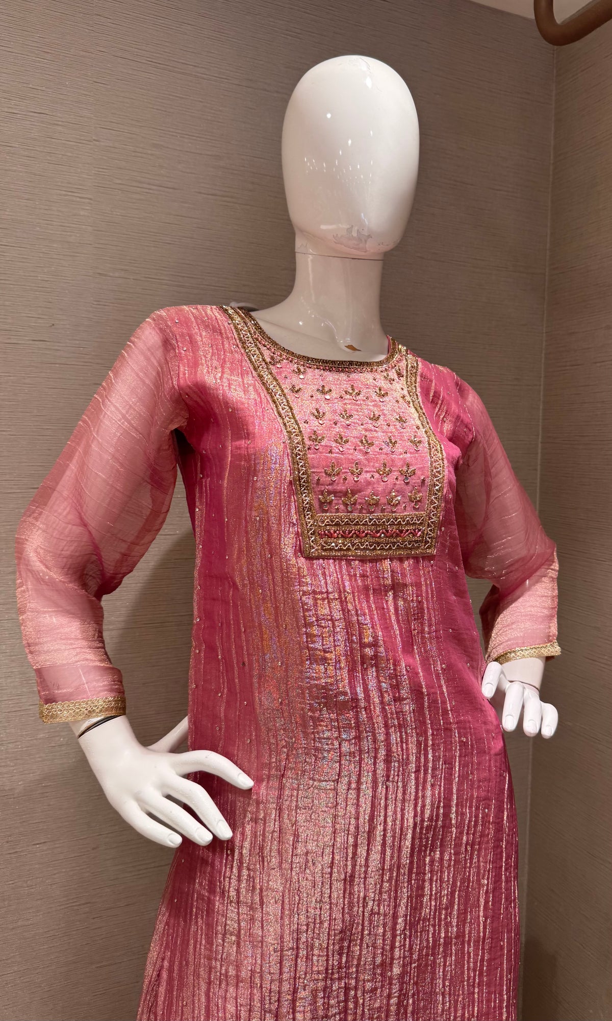 Onion Pink Tissue silk Salwar Kurta with Palazzo pants