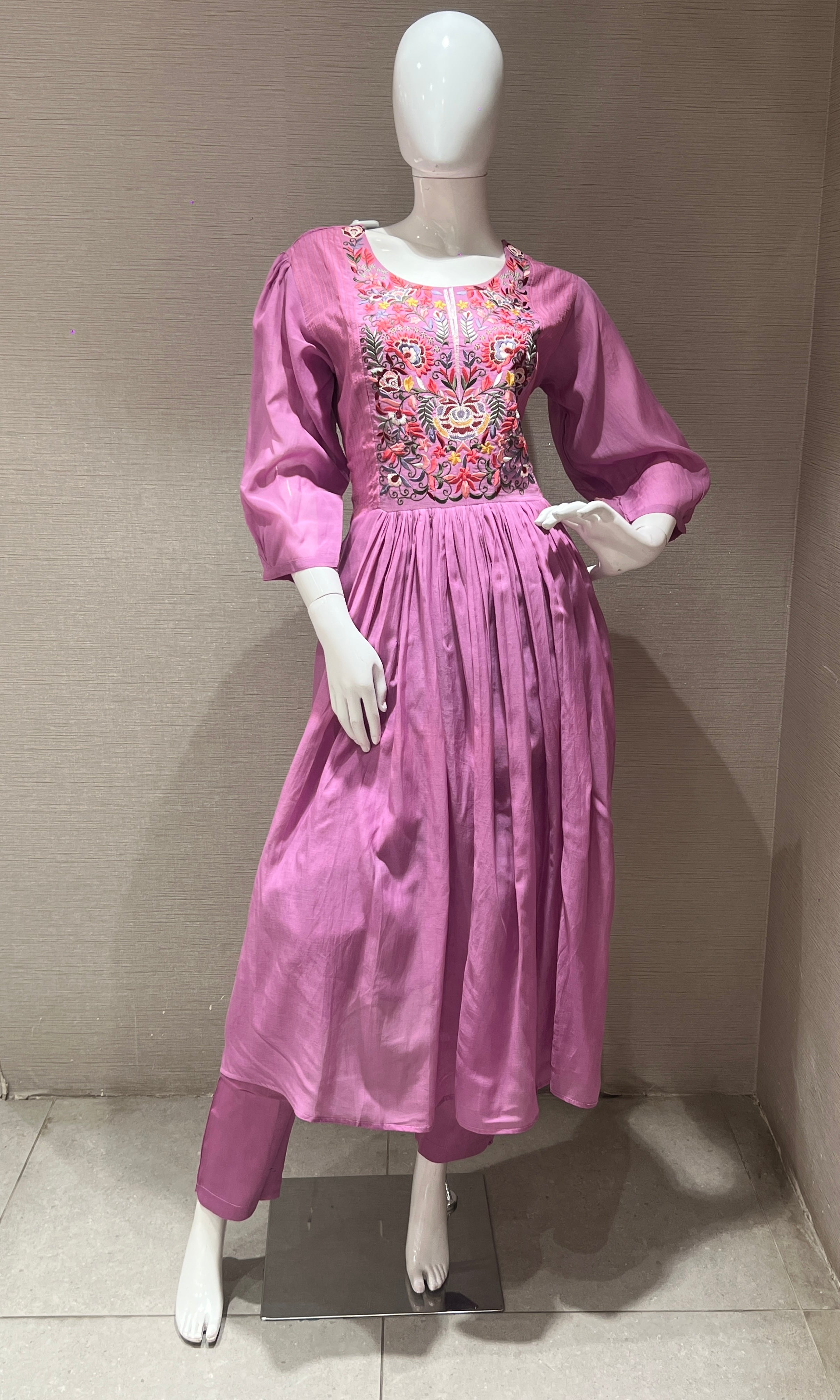 Purple mul Chanderi Anarkali kurta set