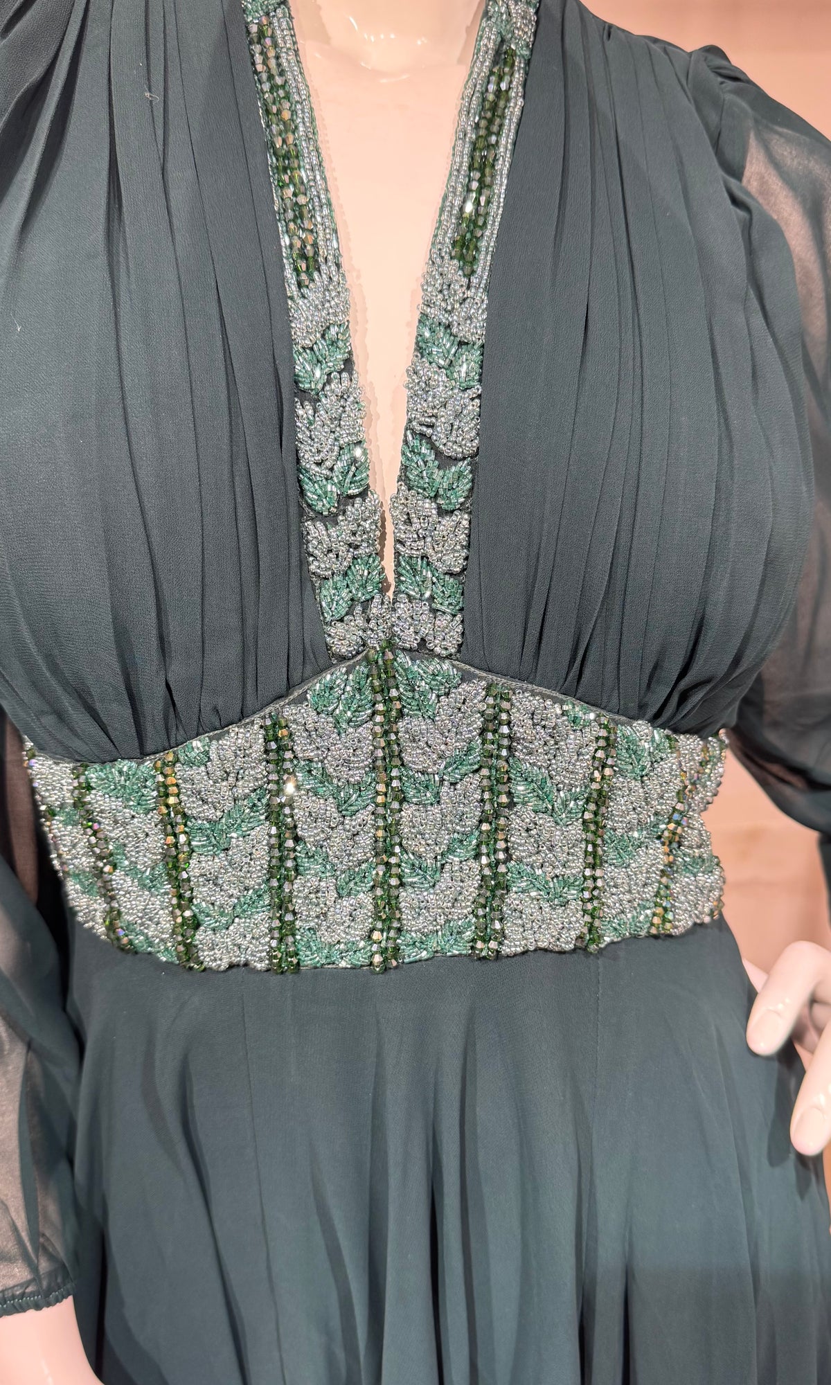 GREEN Georgette Gown with Silver Embroidery
