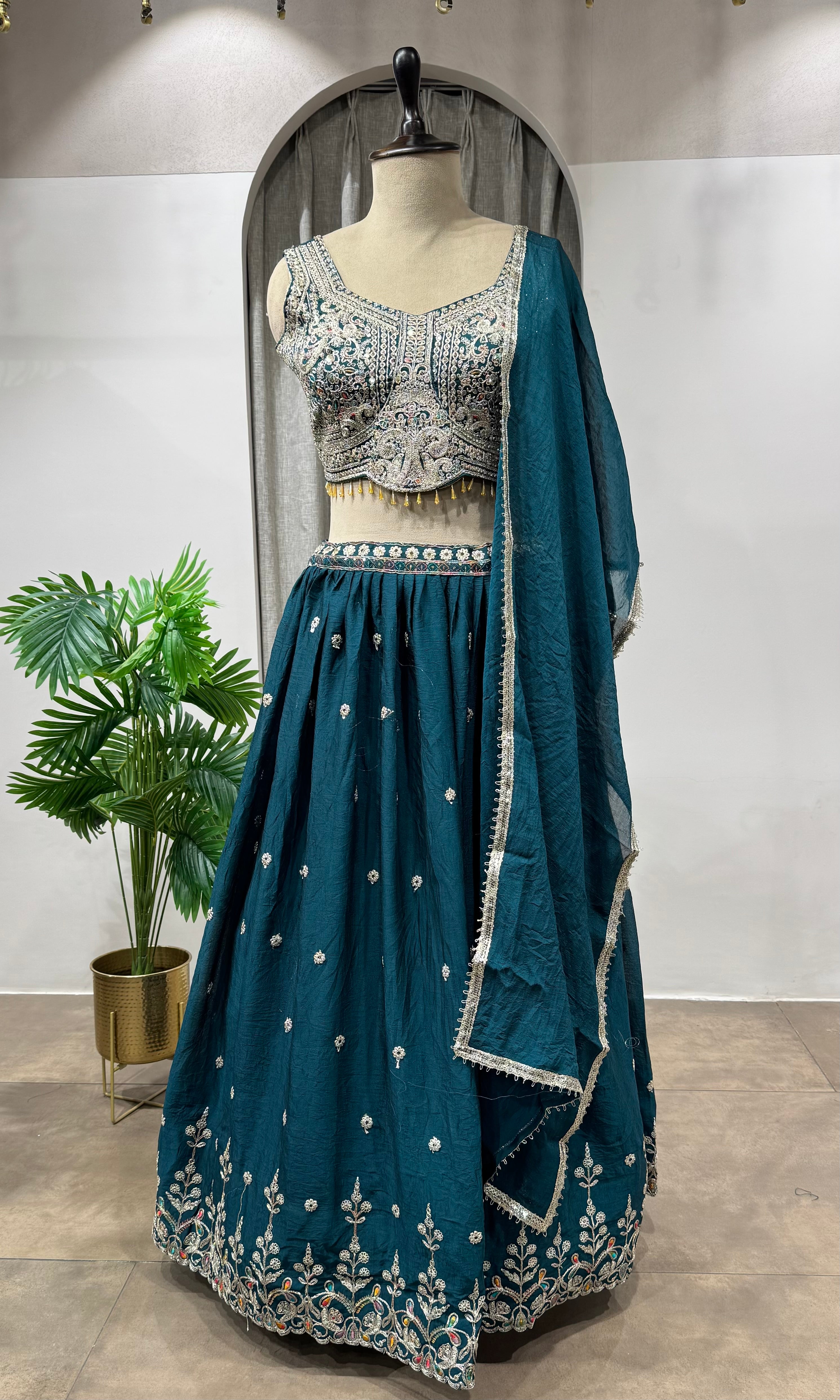 Peacock Blue Silk Embroidered Lehenga Choli Set
