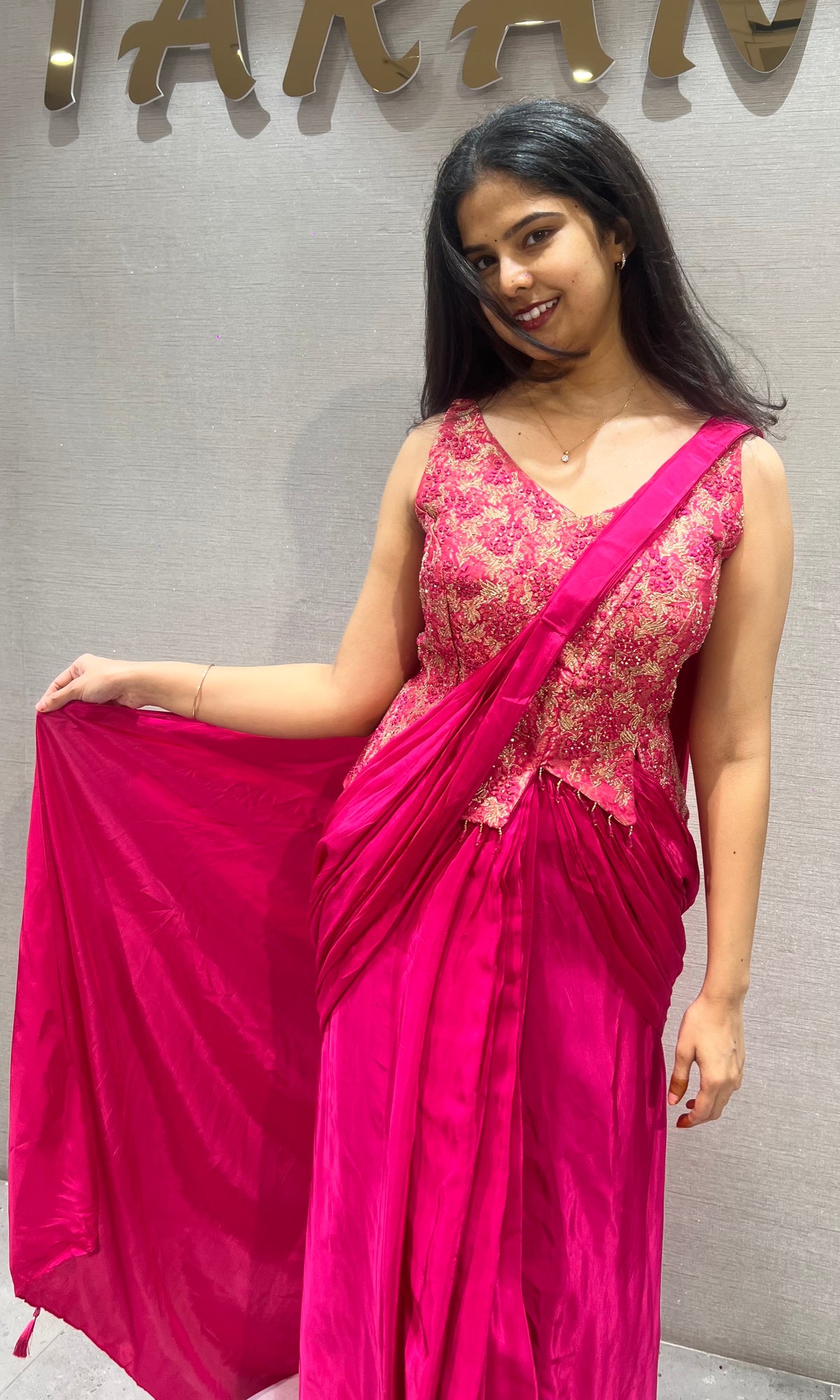 Fushion Pink Satin Dothi style skirt with Floral Blouse