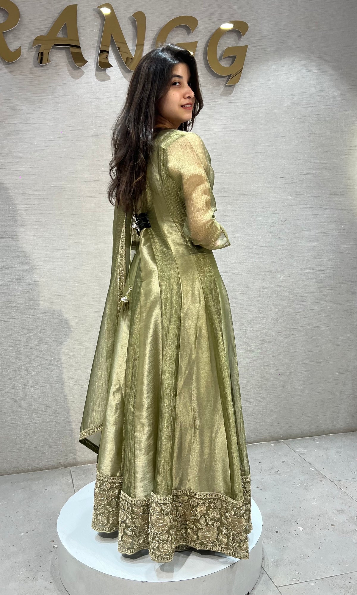 Olive Green Shimmer Embroidered Anarkali set with dupatta